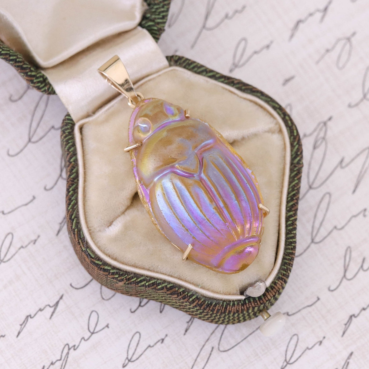 Vintage Art Glass Scarab Pendant of 14k Gold - Trademark Antiques
