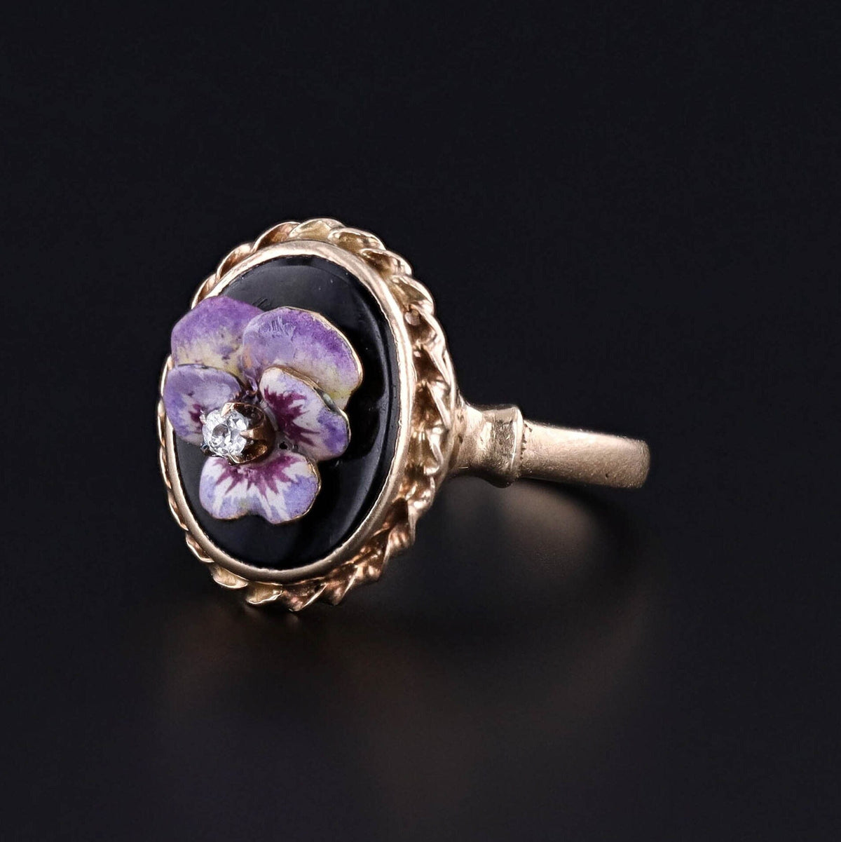Vintage Black Onyx and Enamel Pansy Ring of 10k Gold - Trademark Antiques