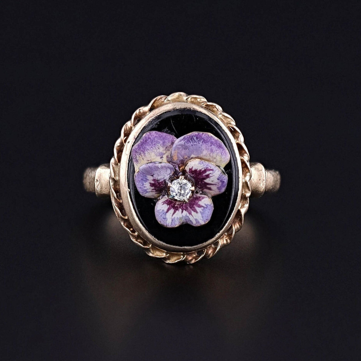 Vintage Black Onyx and Enamel Pansy Ring of 10k Gold - Trademark Antiques