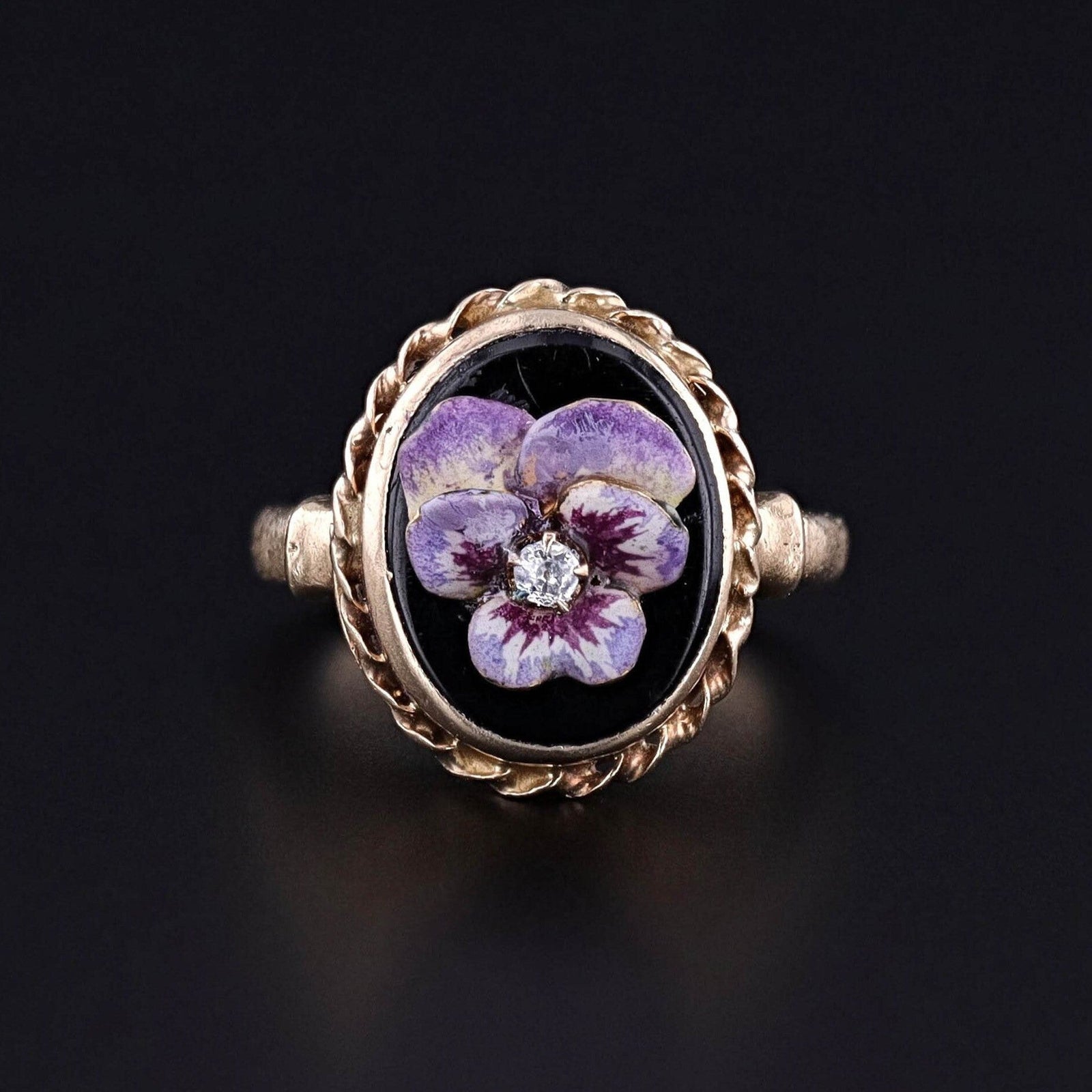 Vintage Black Onyx and Enamel Pansy Ring of 10k Gold - Trademark Antiques