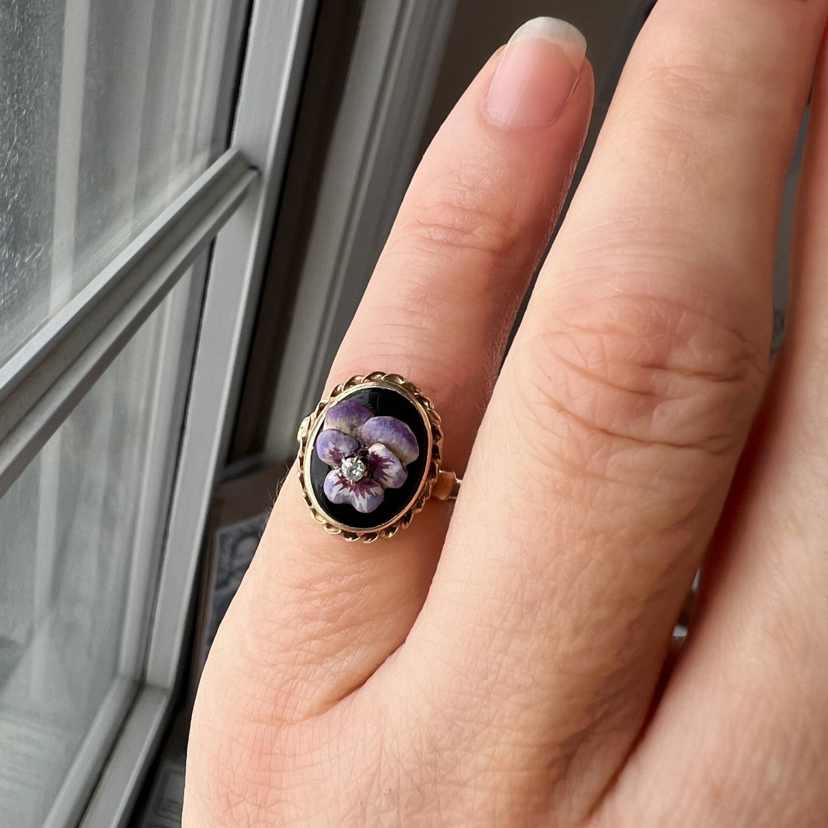 Vintage Black Onyx and Enamel Pansy Ring of 10k Gold - Trademark Antiques