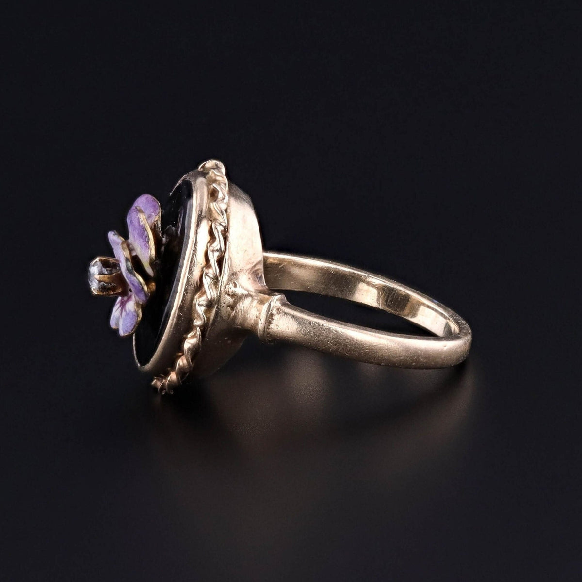 Vintage Black Onyx and Enamel Pansy Ring of 10k Gold - Trademark Antiques
