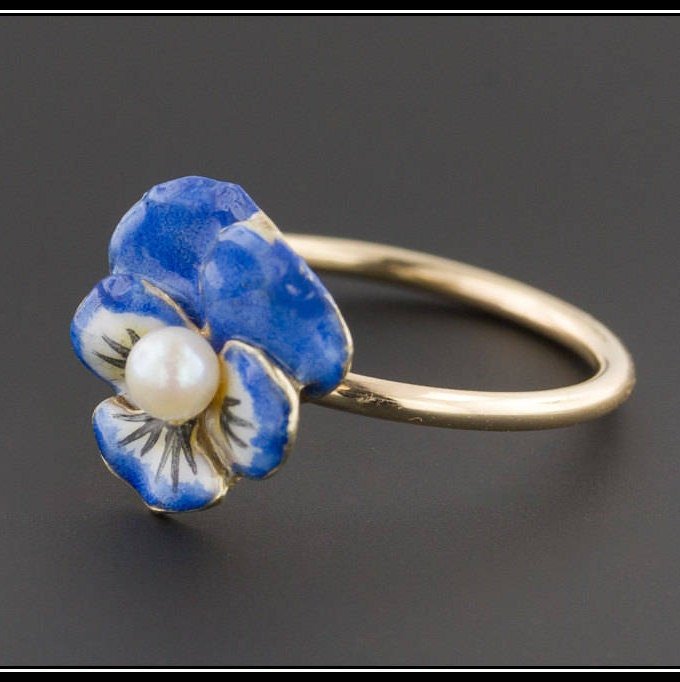 Vintage Blue Enamel Pansy Conversion Ring of 14k Gold - Trademark Antiques