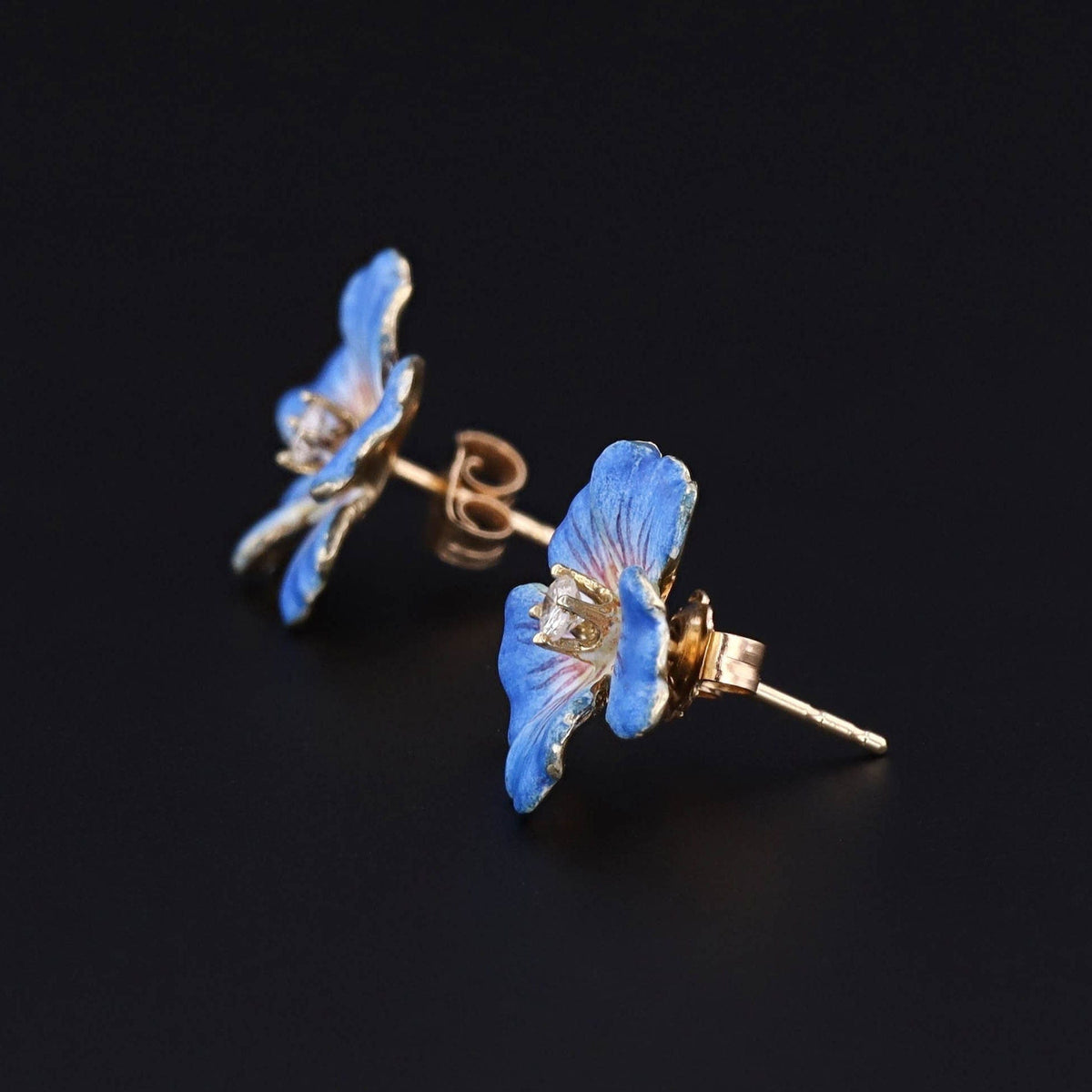 Vintage Blue Flower Earrings | 14k Gold &amp; Enamel Flower Earrings - Trademark Antiques