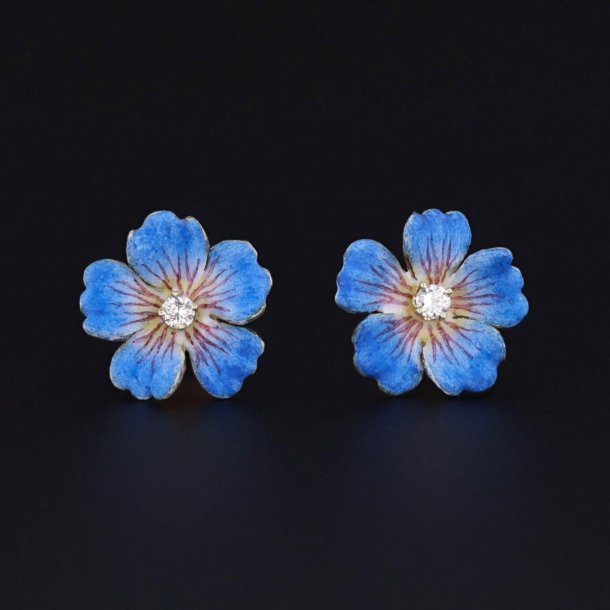 Vintage Blue Flower Earrings | 14k Gold &amp; Enamel Flower Earrings - Trademark Antiques