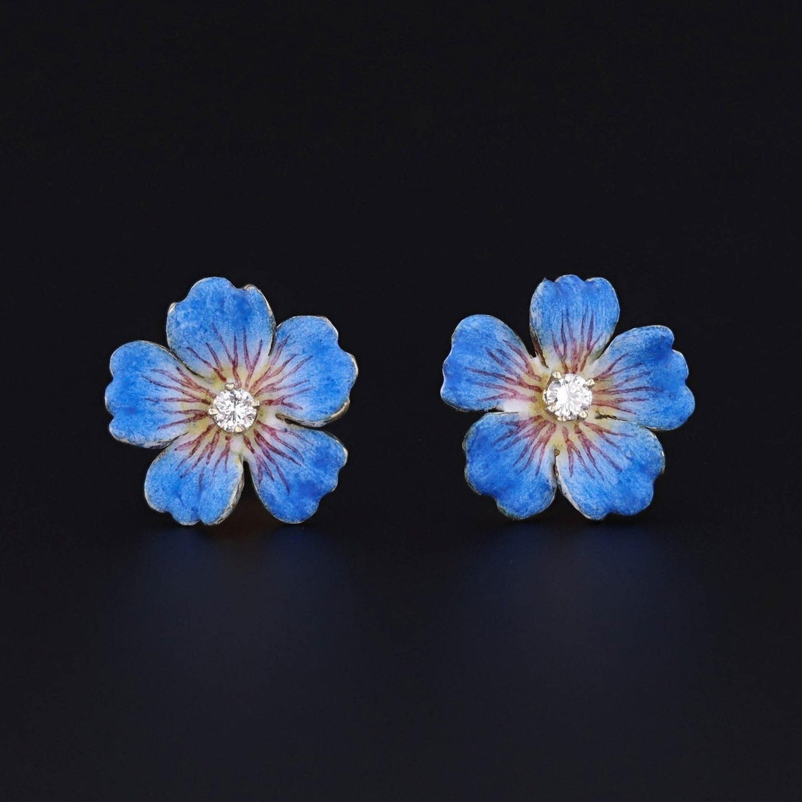 Vintage Blue Flower Earrings | 14k Gold & Enamel Flower Earrings - Trademark Antiques