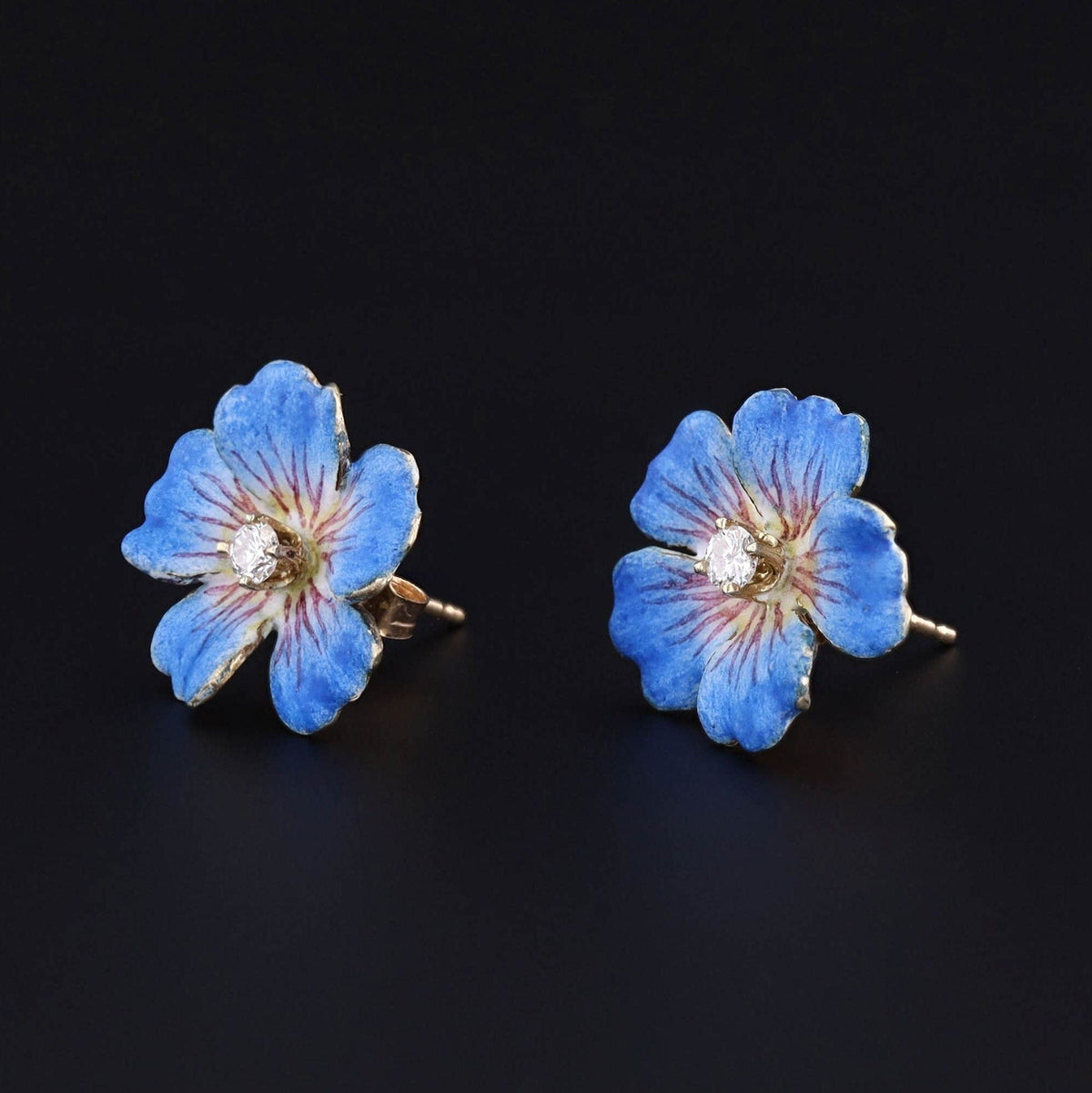 Vintage Blue Flower Earrings | 14k Gold &amp; Enamel Flower Earrings - Trademark Antiques