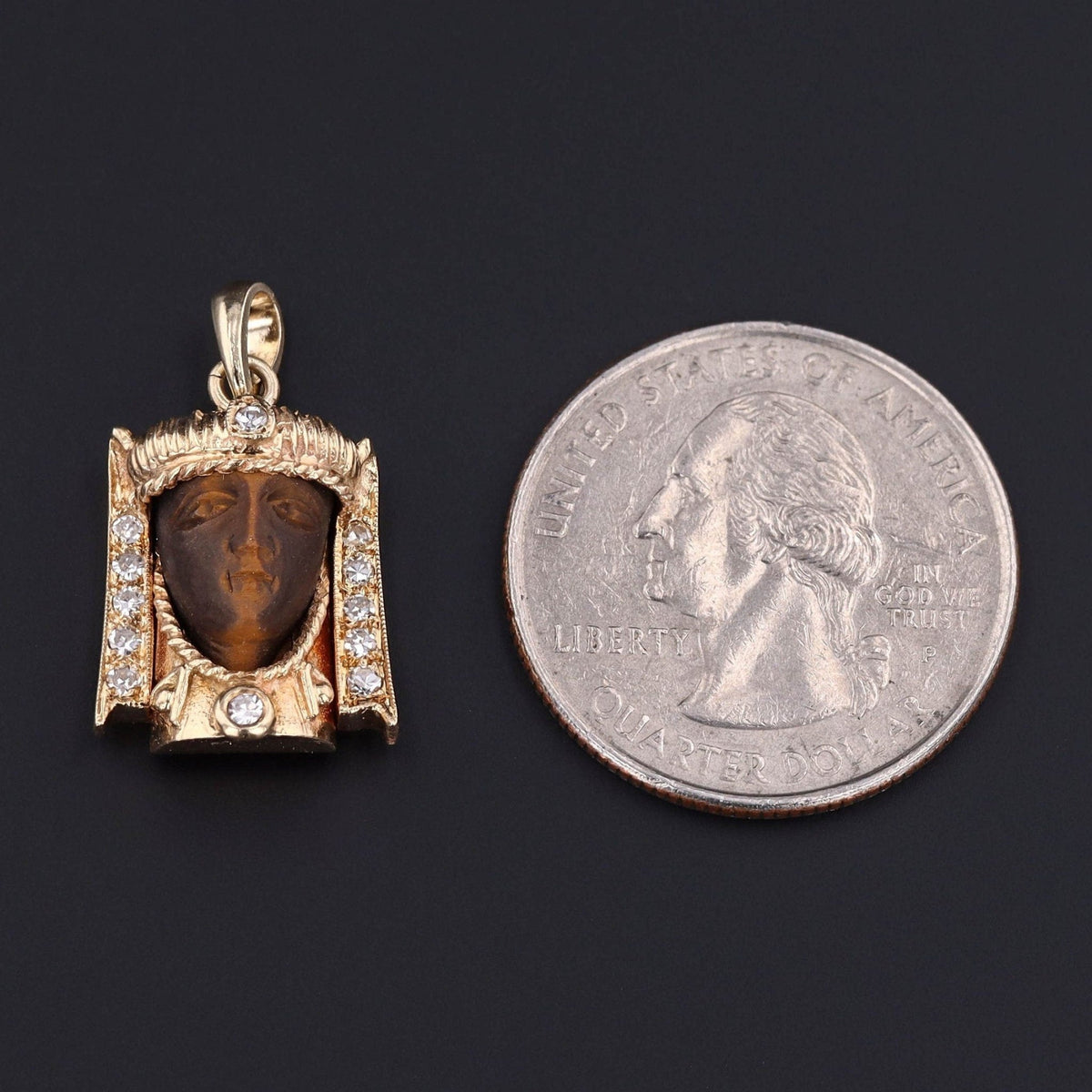 Vintage Carved Tiger’s Eye Pharaoh Pendant of 14k Gold - Trademark Antiques