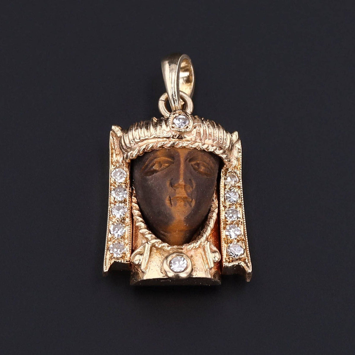 Vintage Carved Tiger’s Eye Pharaoh Pendant of 14k Gold - Trademark Antiques