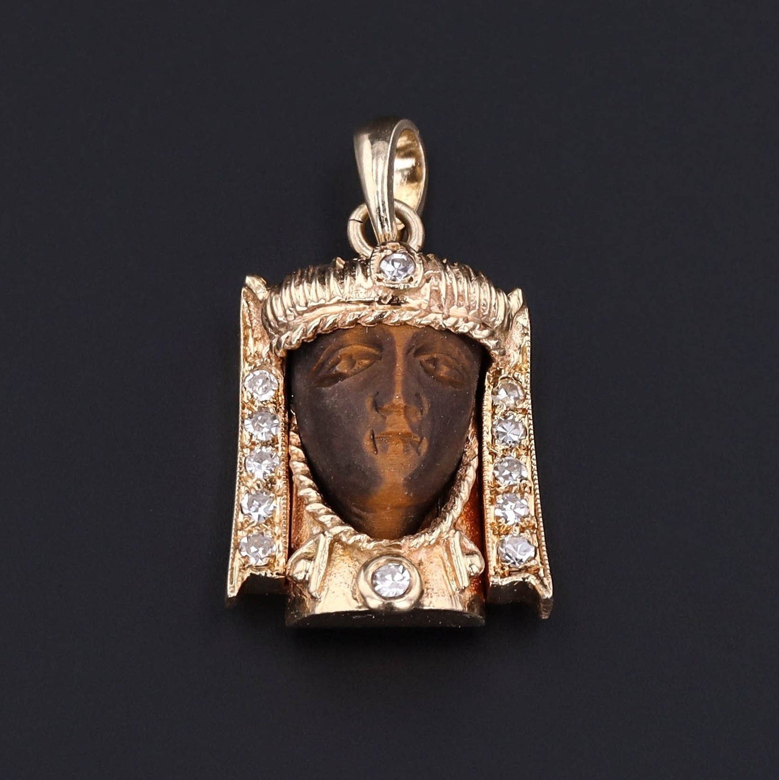 Vintage Carved Tiger’s Eye Pharaoh Pendant of 14k Gold - Trademark Antiques