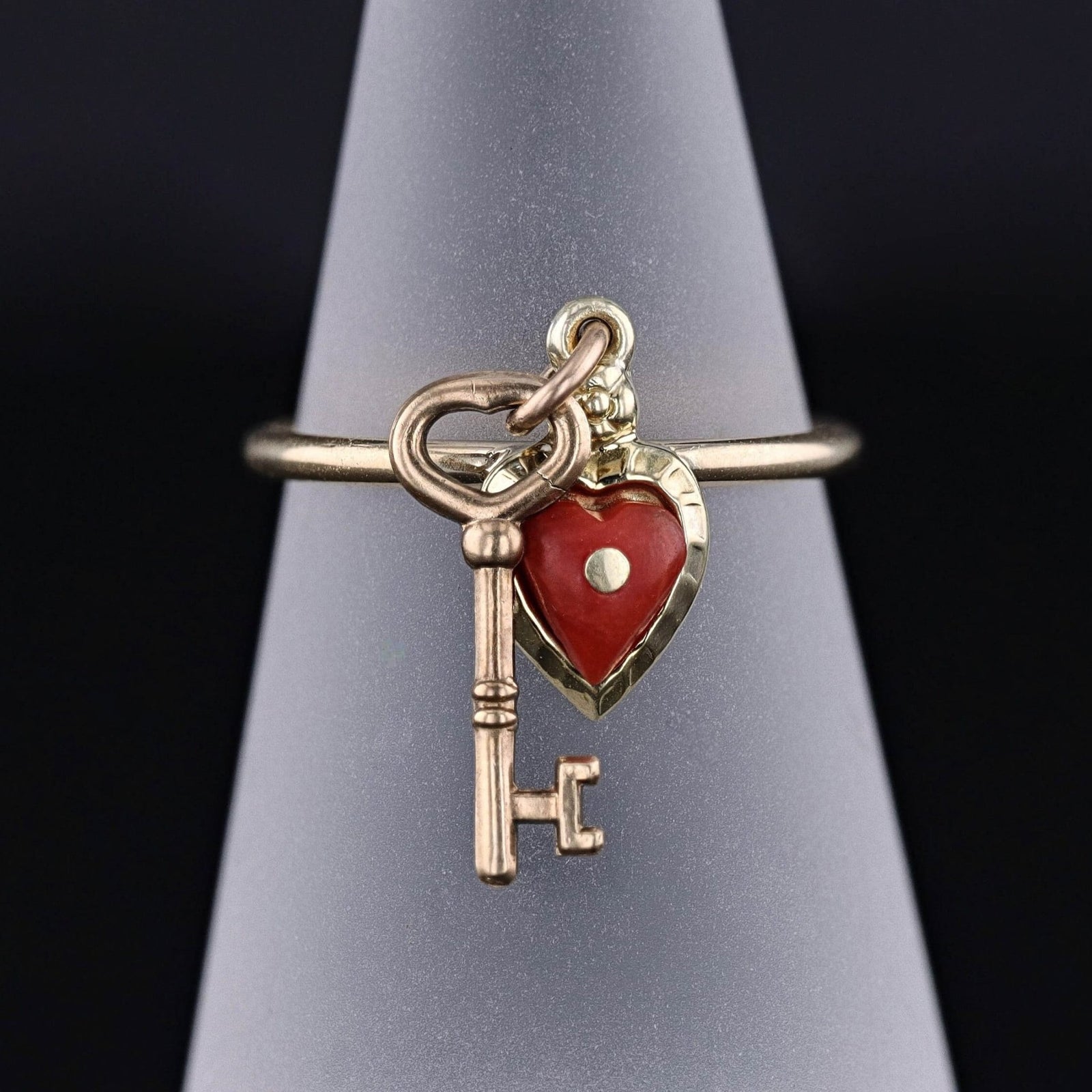 Vintage Coral Heart and Key Ring of 10k Gold - Trademark Antiques