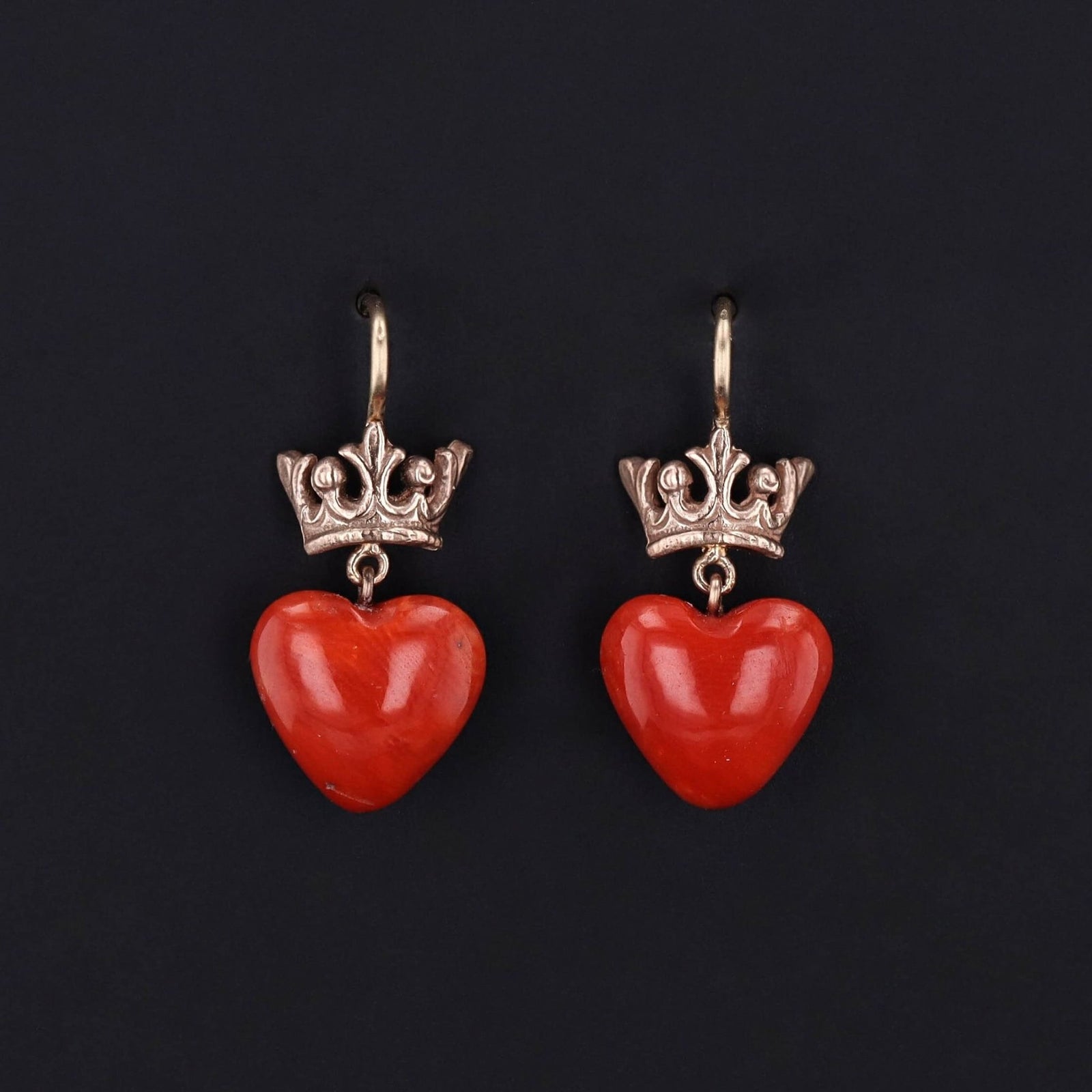 Vintage Coral Heart Crown Dangle Earrings of 14k Gold - Trademark Antiques
