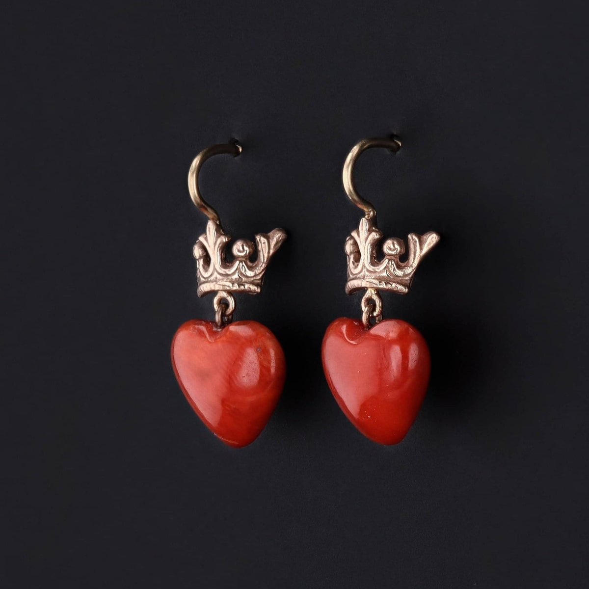 Vintage Coral Heart Crown Dangle Earrings of 14k Gold - Trademark Antiques