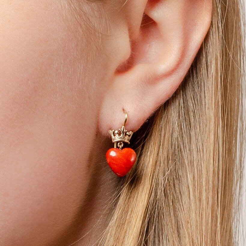 Vintage Coral Heart Crown Dangle Earrings of 14k Gold - Trademark Antiques