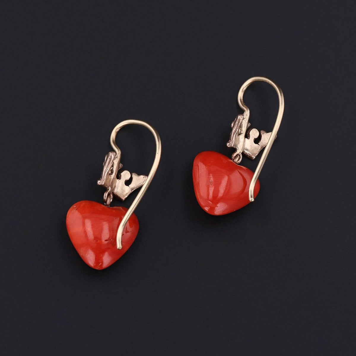 Vintage Coral Heart Crown Dangle Earrings of 14k Gold - Trademark Antiques