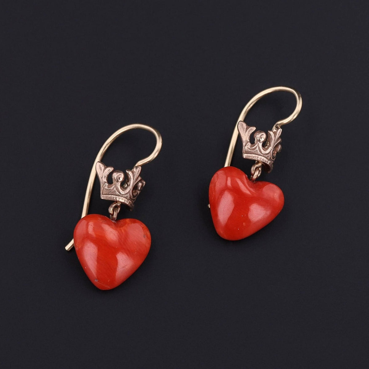 Vintage Coral Heart Crown Dangle Earrings of 14k Gold - Trademark Antiques