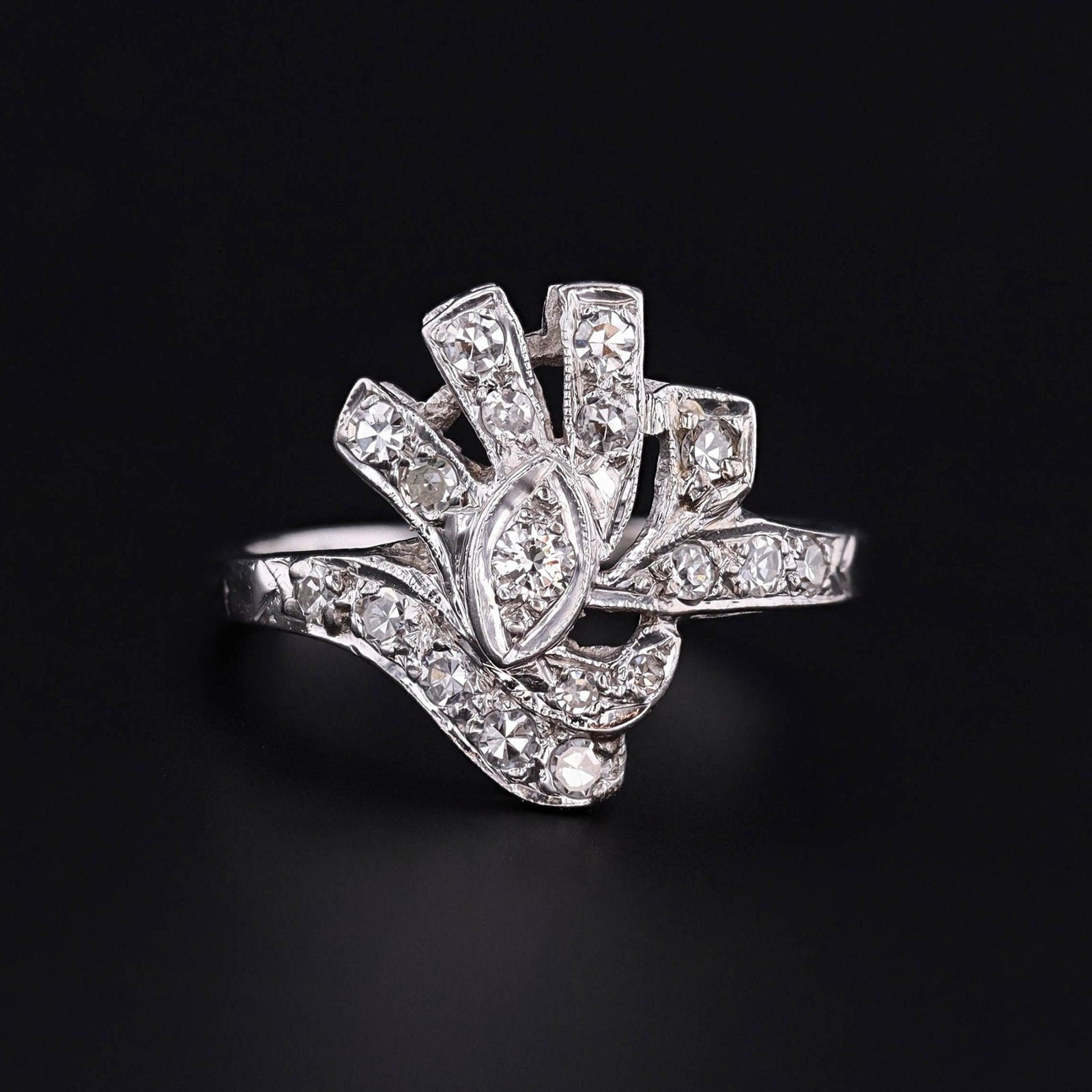 Vintage Diamond Cocktail Ring of 14k White Gold - Trademark Antiques