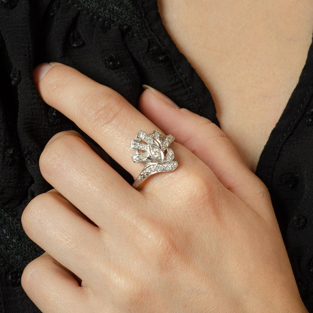 Vintage Diamond Cocktail Ring of 14k White Gold - Trademark Antiques