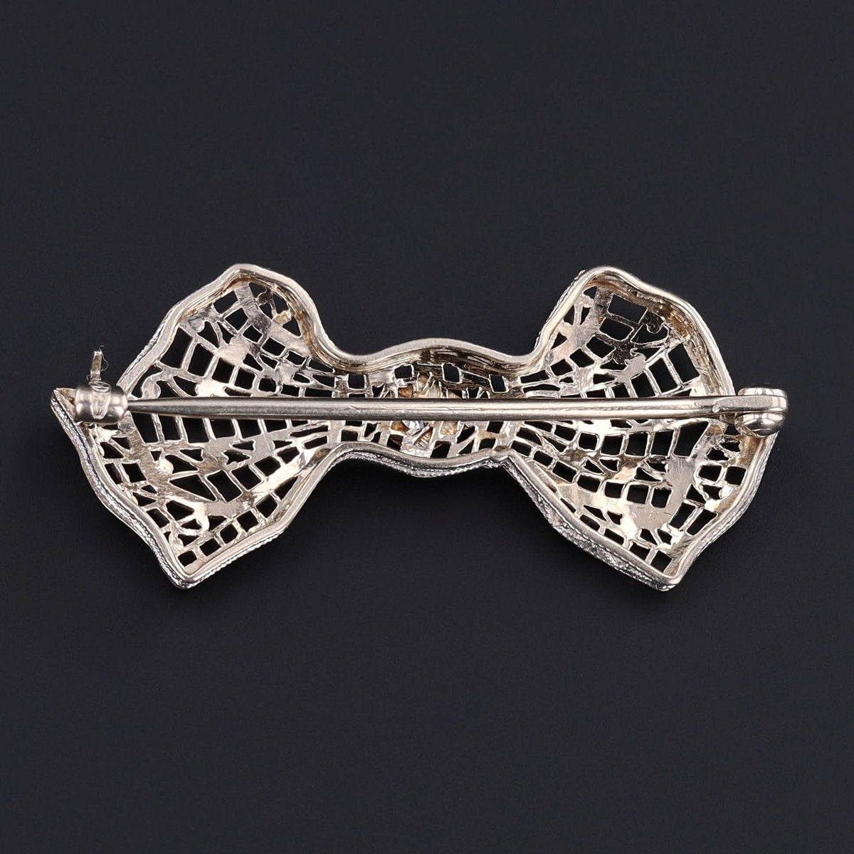 Vintage Diamond Filigree Bow Brooch of 14k White Gold - Trademark Antiques
