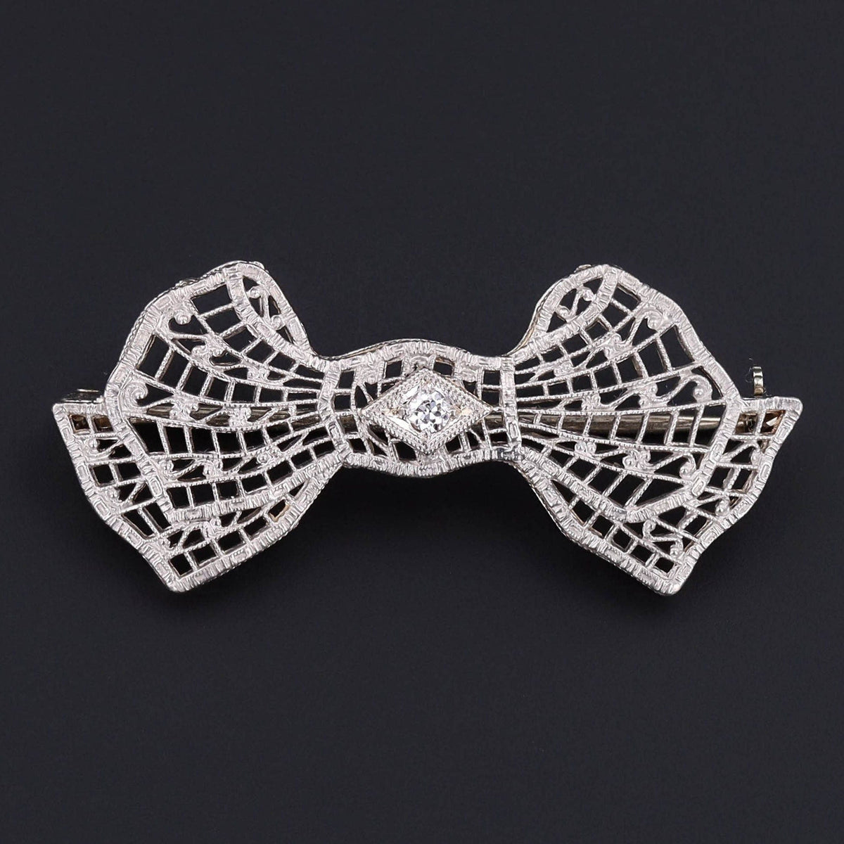 Vintage Diamond Filigree Bow Brooch of 14k White Gold - Trademark Antiques
