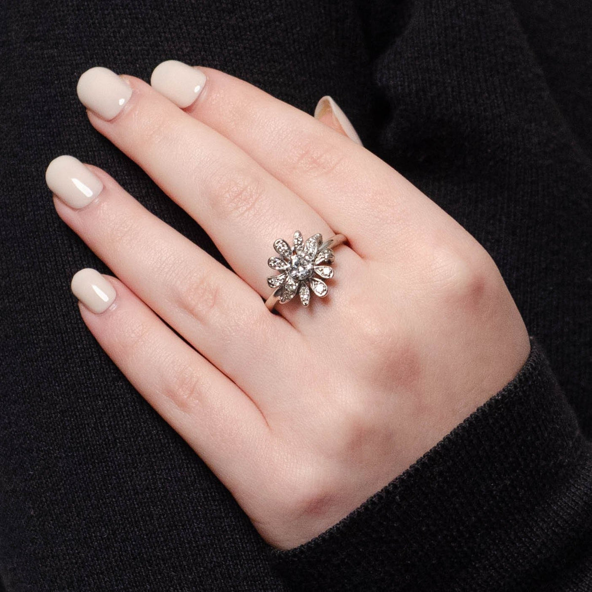 Vintage Diamond Flower Ring of 14k White Gold - Trademark Antiques