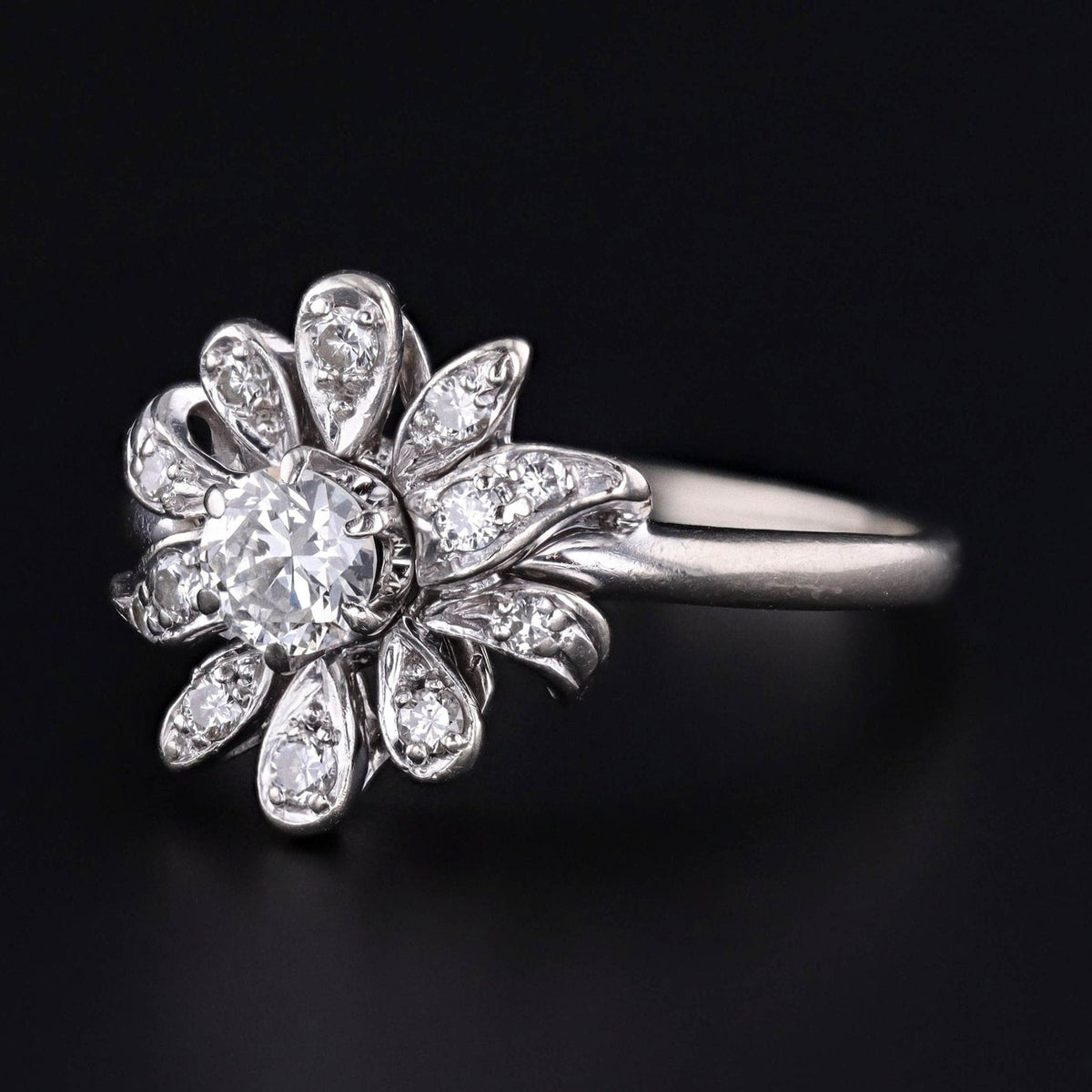 Vintage Diamond Flower Ring of 14k White Gold - Trademark Antiques