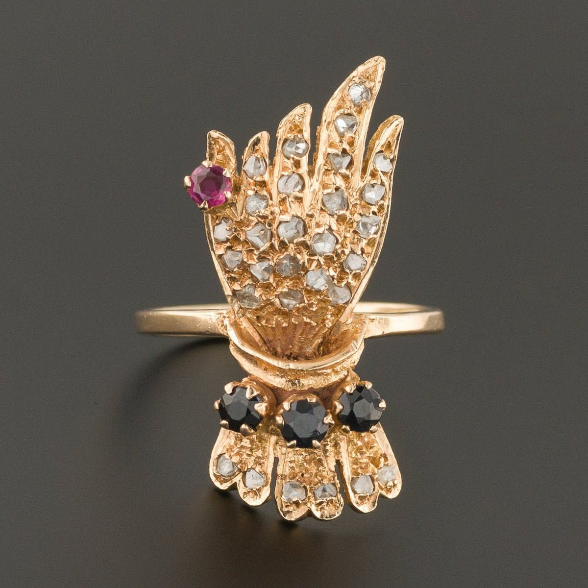 Vintage Diamond Hand Ring | Georgian Style Diamond Sapphire &amp; Ruby Hand Ring - Trademark Antiques