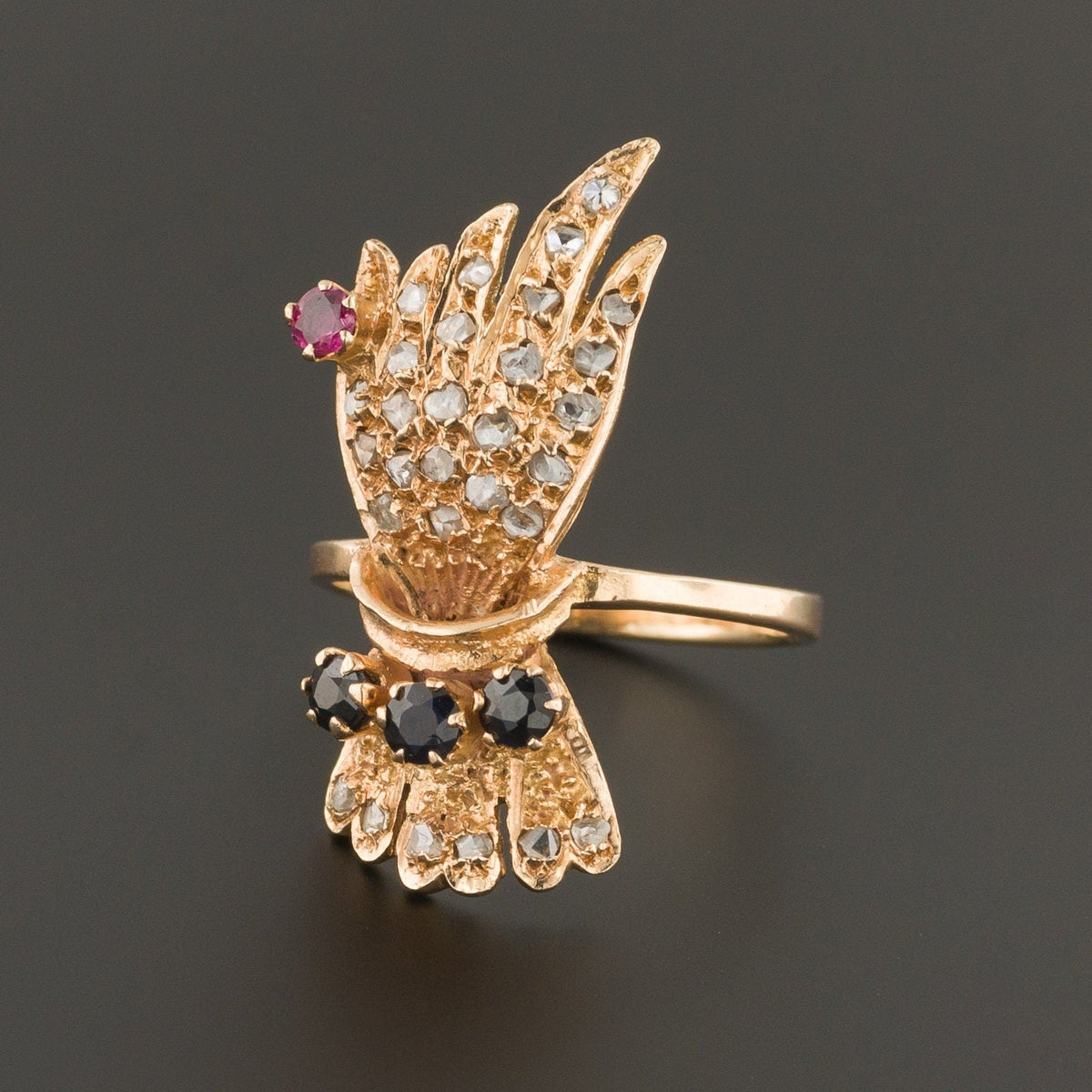 Vintage Diamond Hand Ring | Georgian Style Diamond Sapphire &amp; Ruby Hand Ring - Trademark Antiques