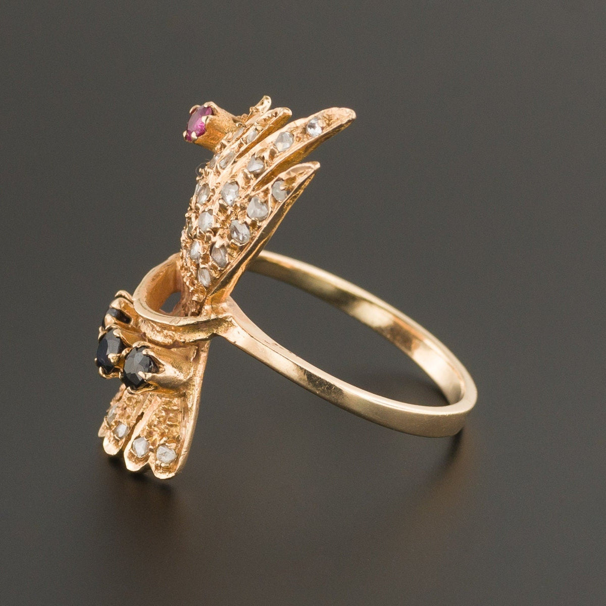 Vintage Diamond Hand Ring | Georgian Style Diamond Sapphire &amp; Ruby Hand Ring - Trademark Antiques