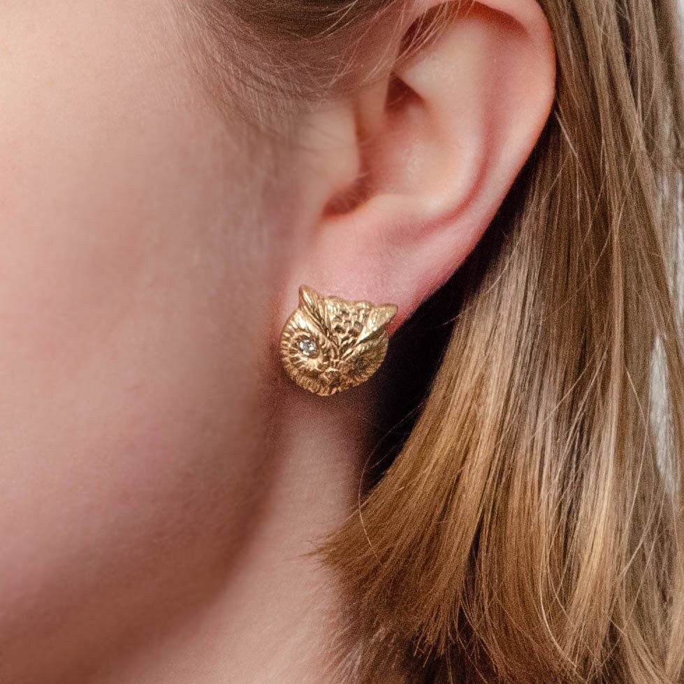 Vintage Diamond Owl Earrings of 14k Gold - Trademark Antiques
