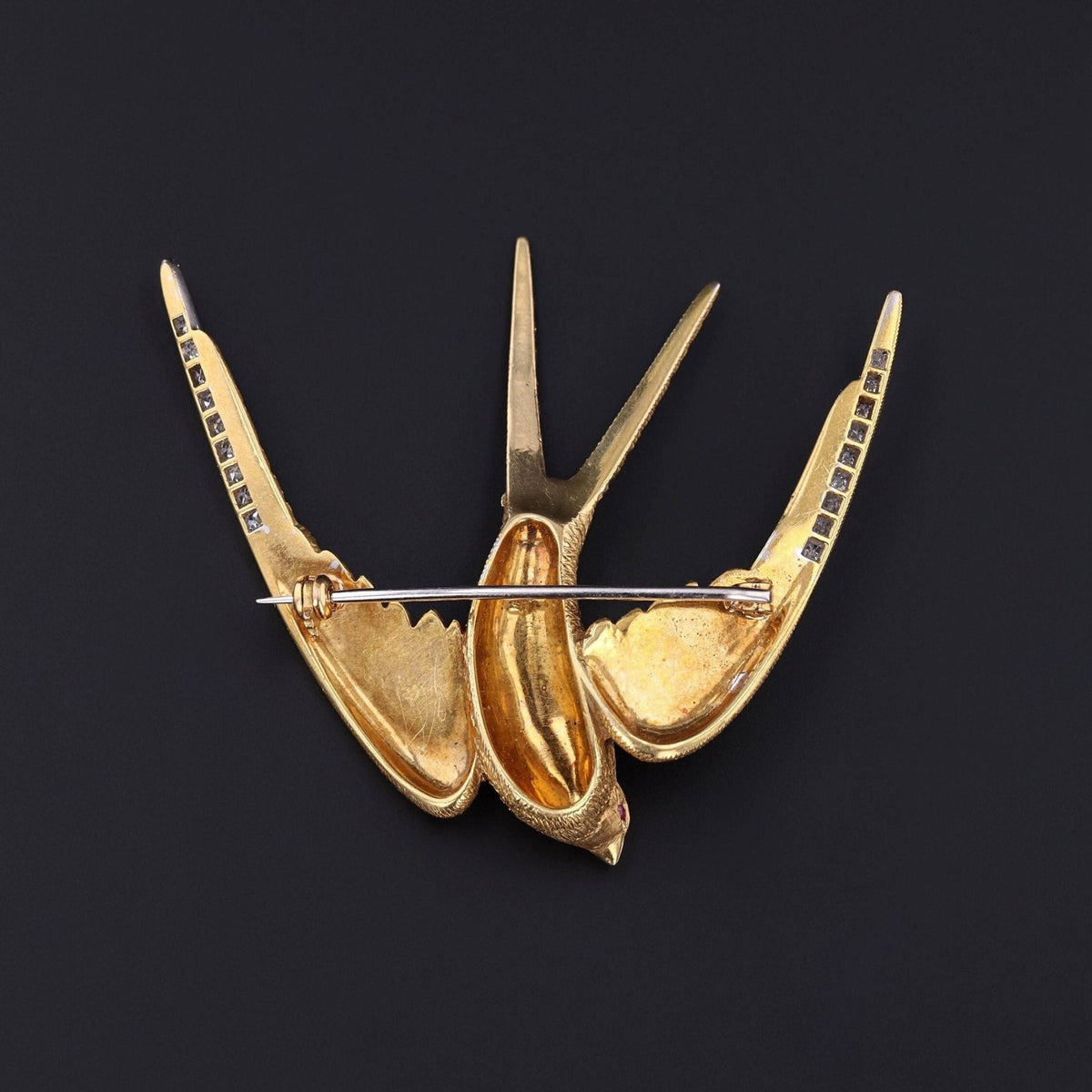Vintage Diamond Swallow Brooch of 18k Gold - Trademark Antiques