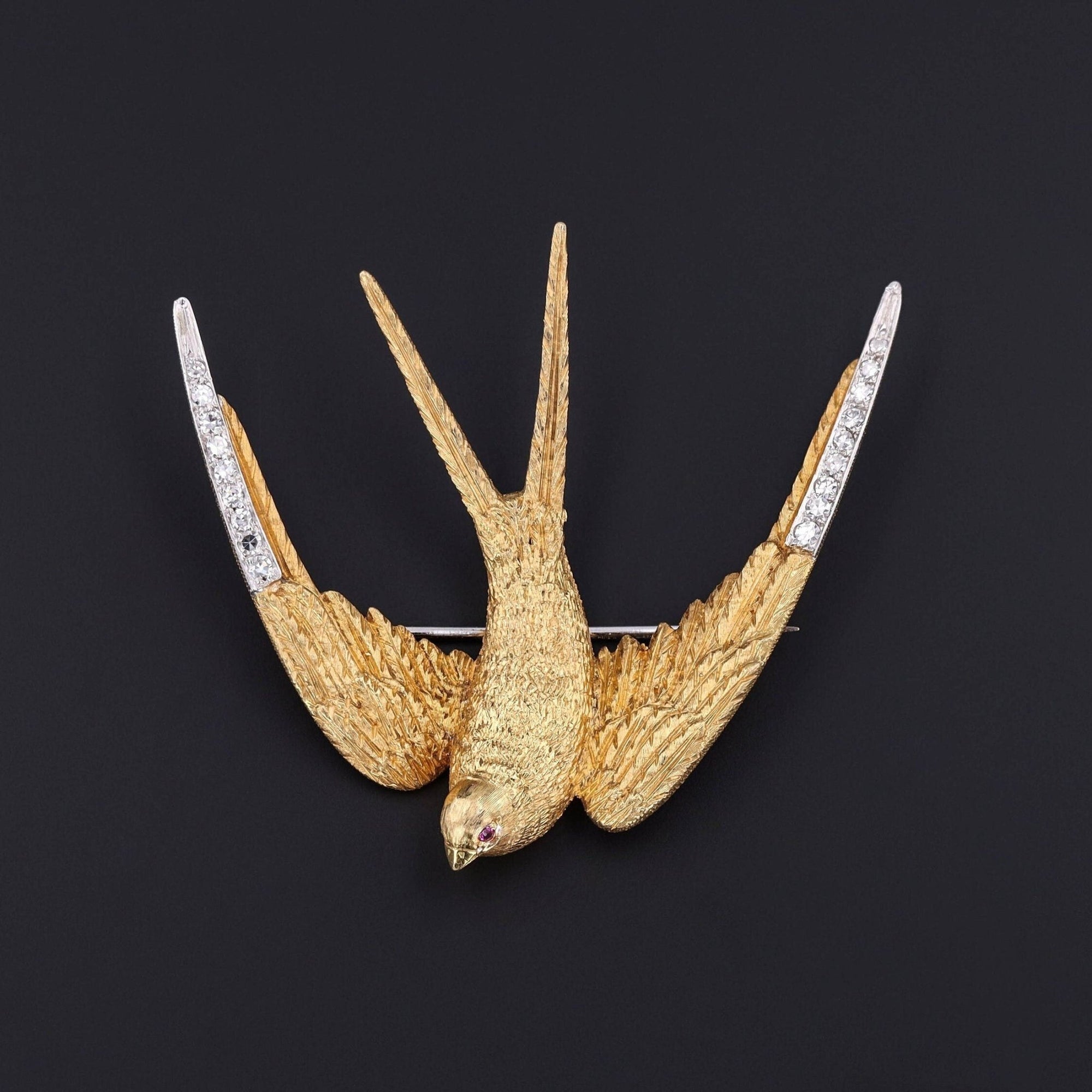 Vintage Diamond Swallow Brooch of 18k Gold - Trademark Antiques