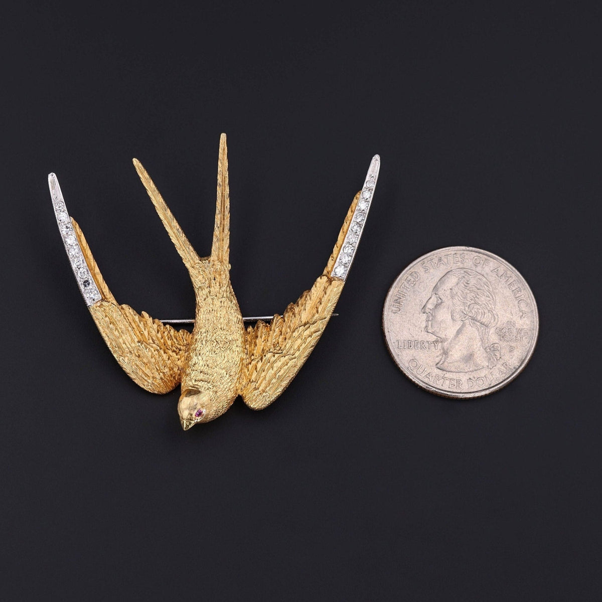 Vintage Diamond Swallow Brooch of 18k Gold - Trademark Antiques