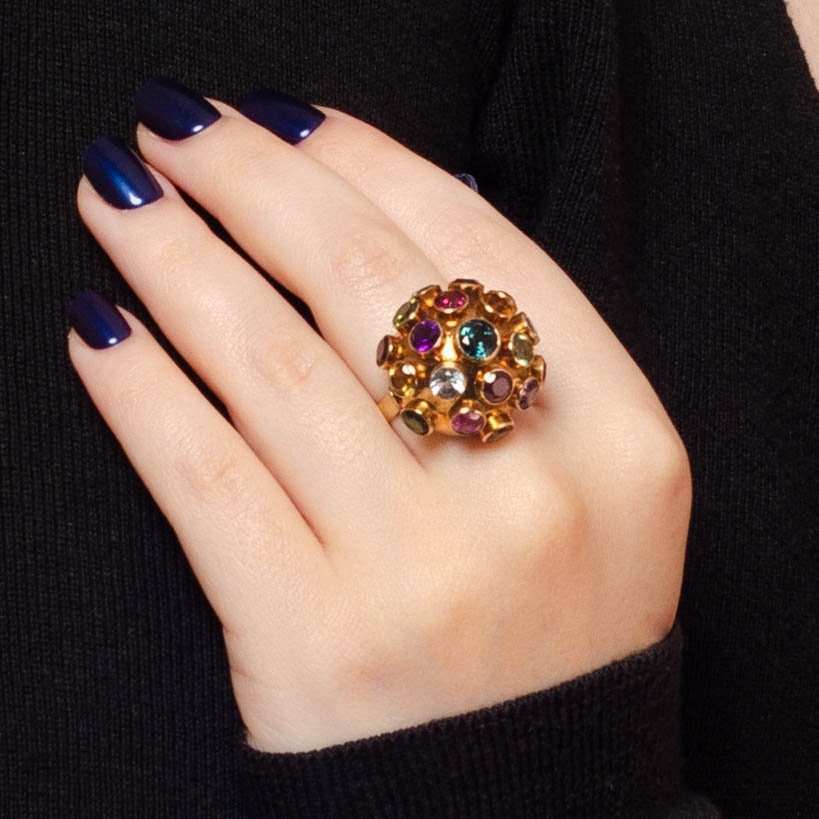 Vintage Domed Sputnik Multi - Gemstone Ring of 18k Gold - Trademark Antiques