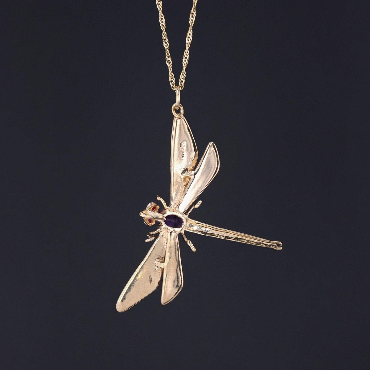 Vintage Dragonfly Pendant | 14k Gold Amethyst, Ruby &amp; Diamond Dragonfly on Optional 14k Chain - Trademark Antiques