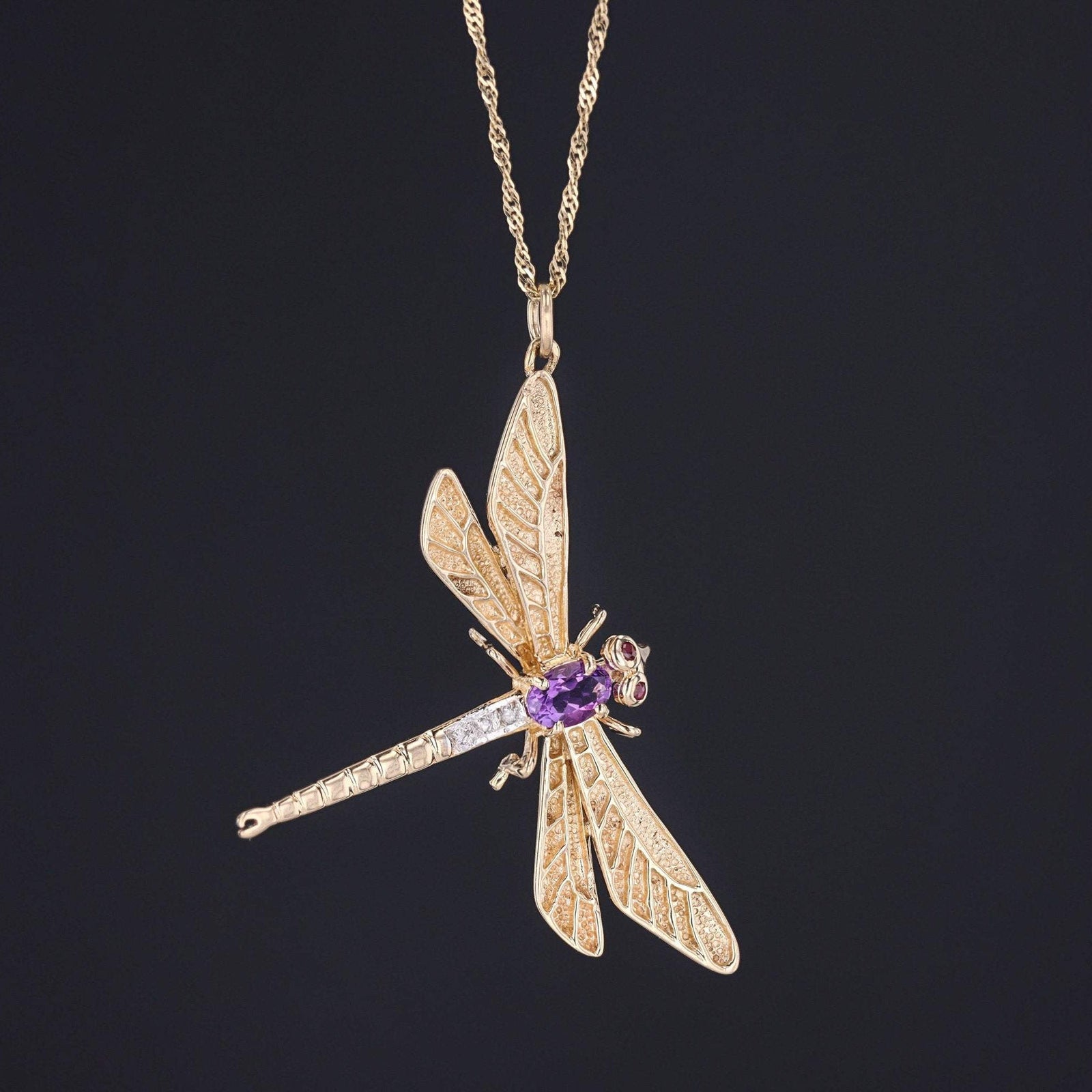Vintage Dragonfly Pendant | 14k Gold Amethyst, Ruby & Diamond Dragonfly on Optional 14k Chain - Trademark Antiques