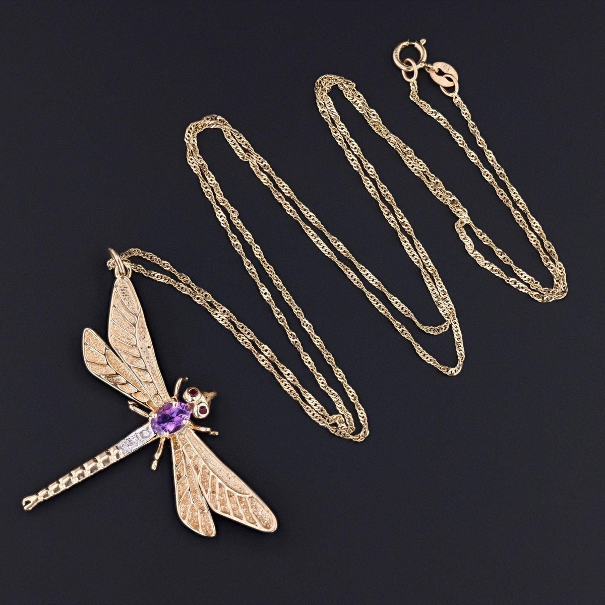 Vintage Dragonfly Pendant | 14k Gold Amethyst, Ruby &amp; Diamond Dragonfly on Optional 14k Chain - Trademark Antiques