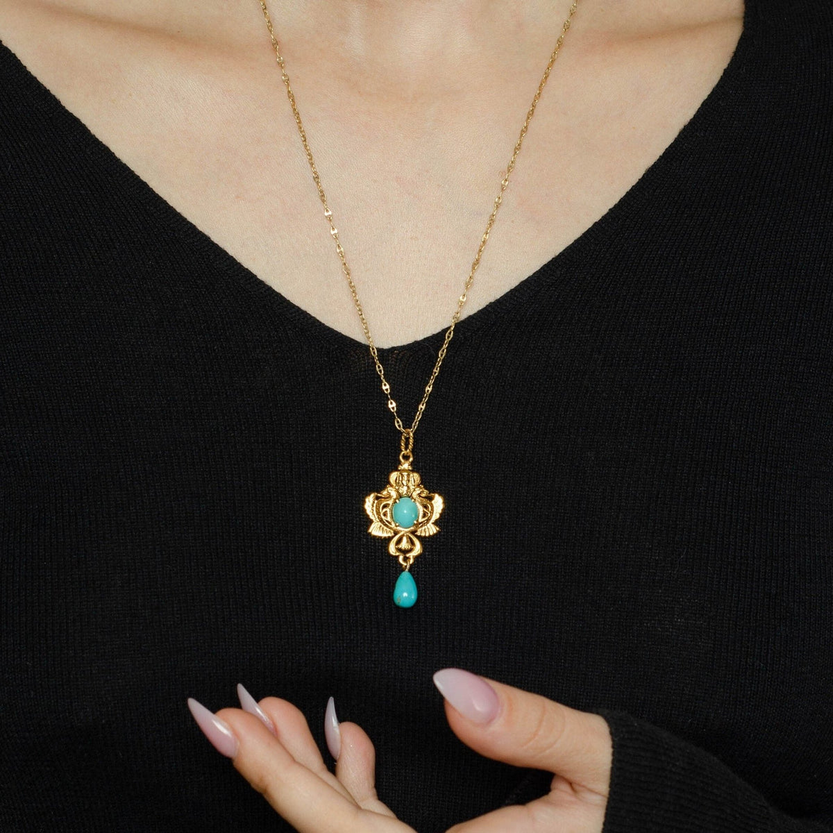 Vintage Egyptian Revival Turquoise Pendant of 14k Gold - Trademark Antiques