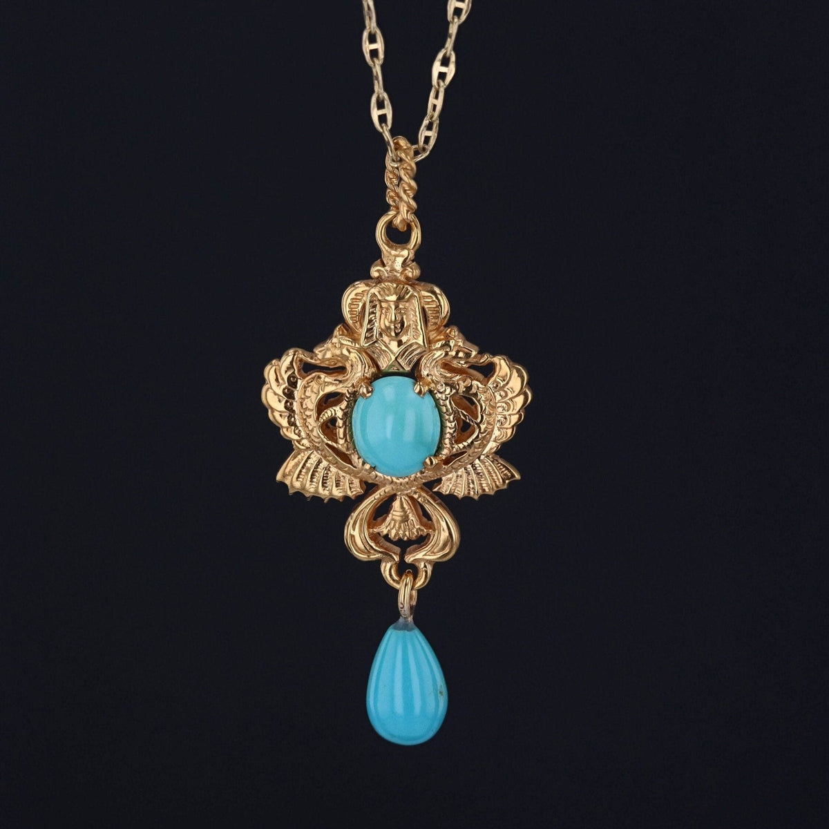 Vintage Egyptian Revival Turquoise Pendant of 14k Gold - Trademark Antiques