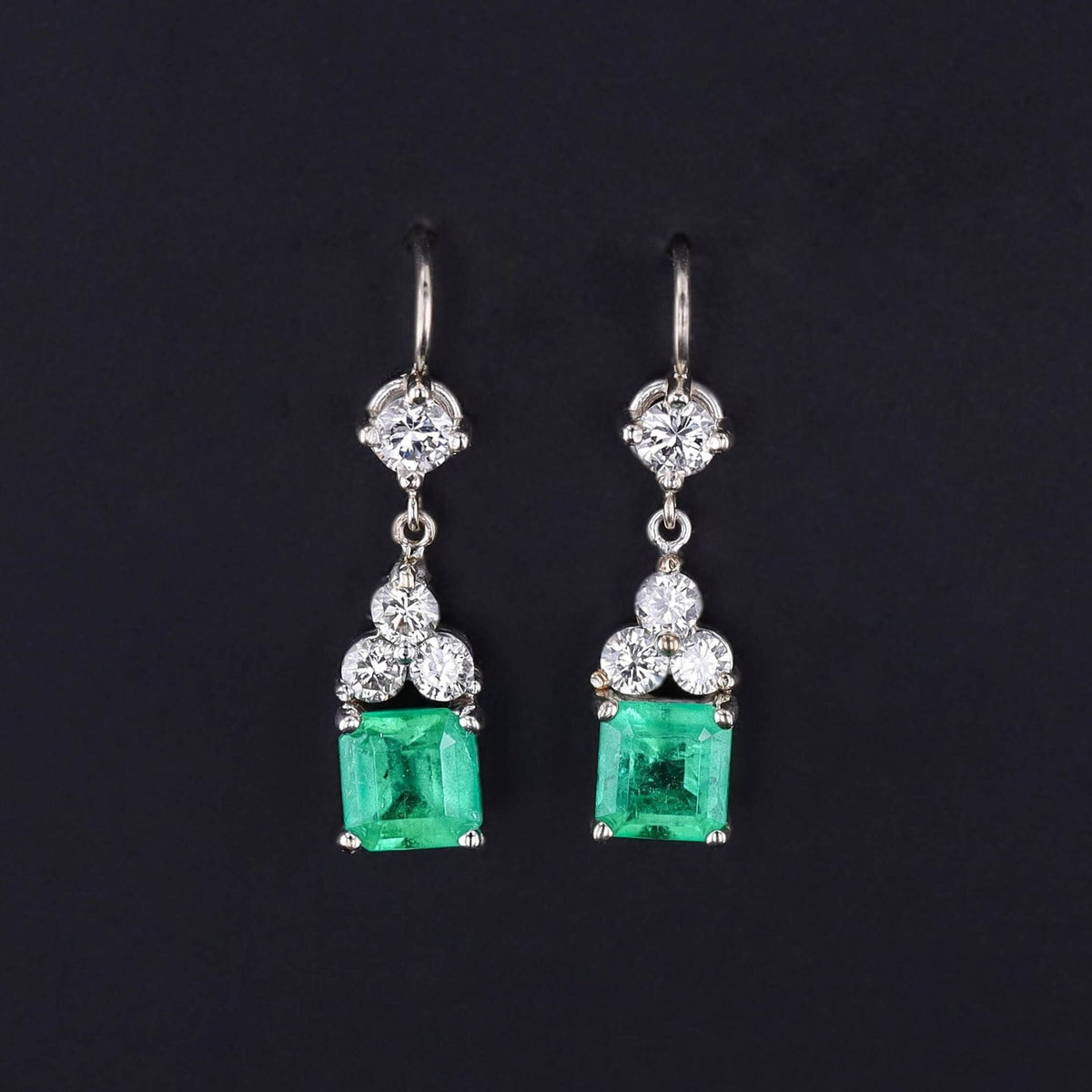 Vintage Emerald and Diamond Earrings of 14k White Gold - Trademark Antiques