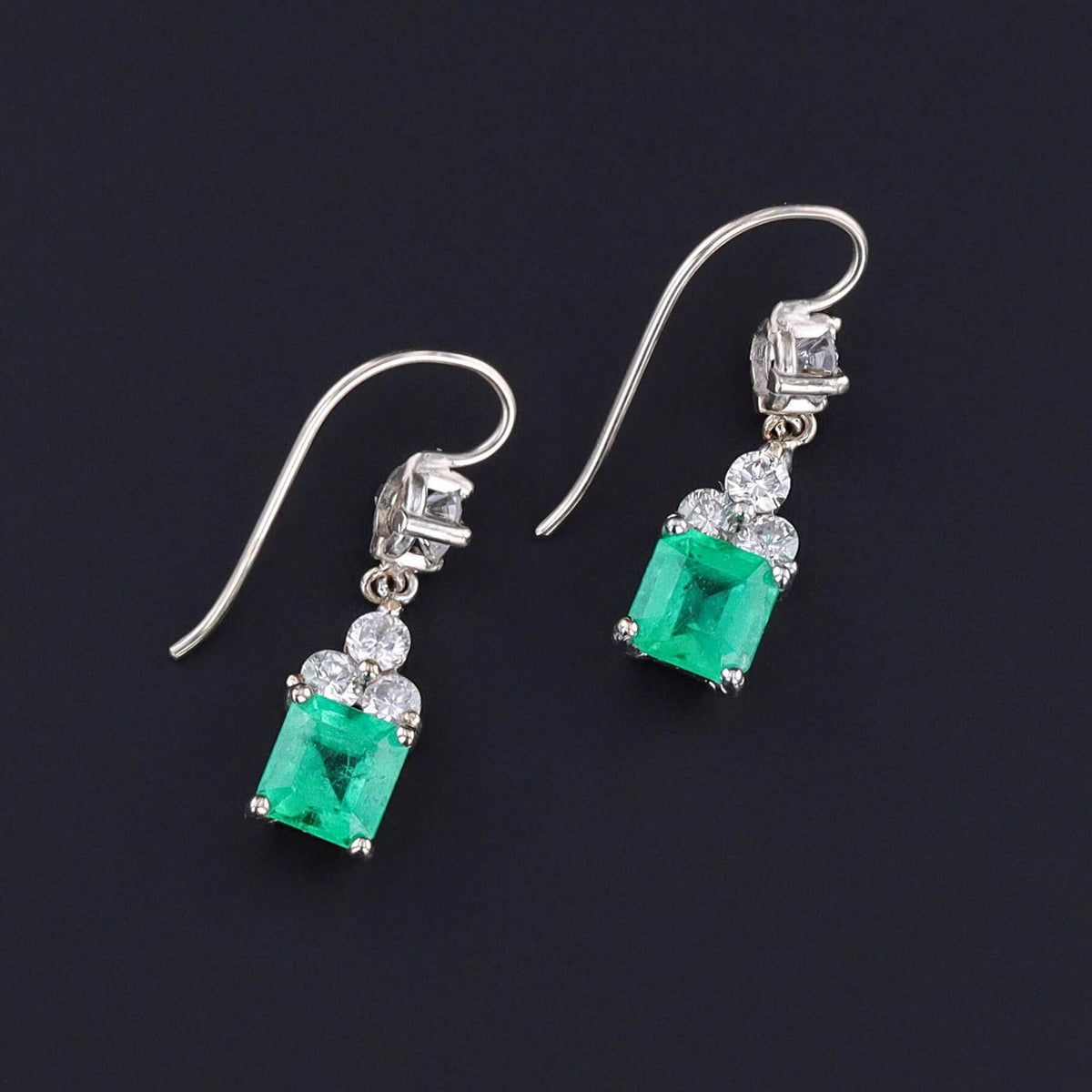 Vintage Emerald and Diamond Earrings of 14k White Gold - Trademark Antiques