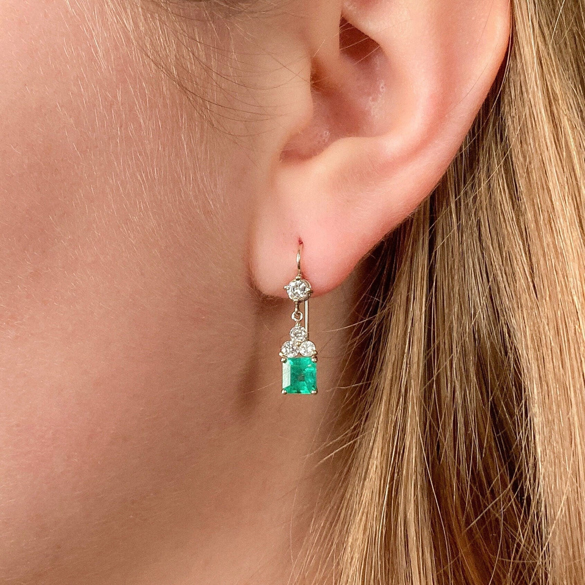 Vintage Emerald and Diamond Earrings of 14k White Gold - Trademark Antiques