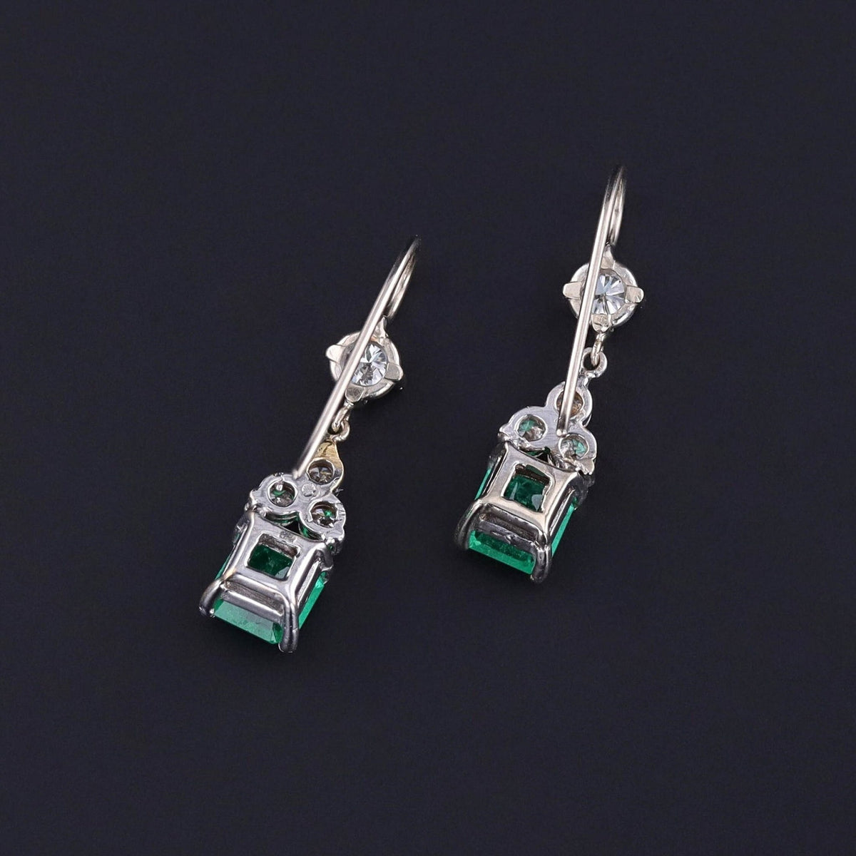 Vintage Emerald and Diamond Earrings of 14k White Gold - Trademark Antiques