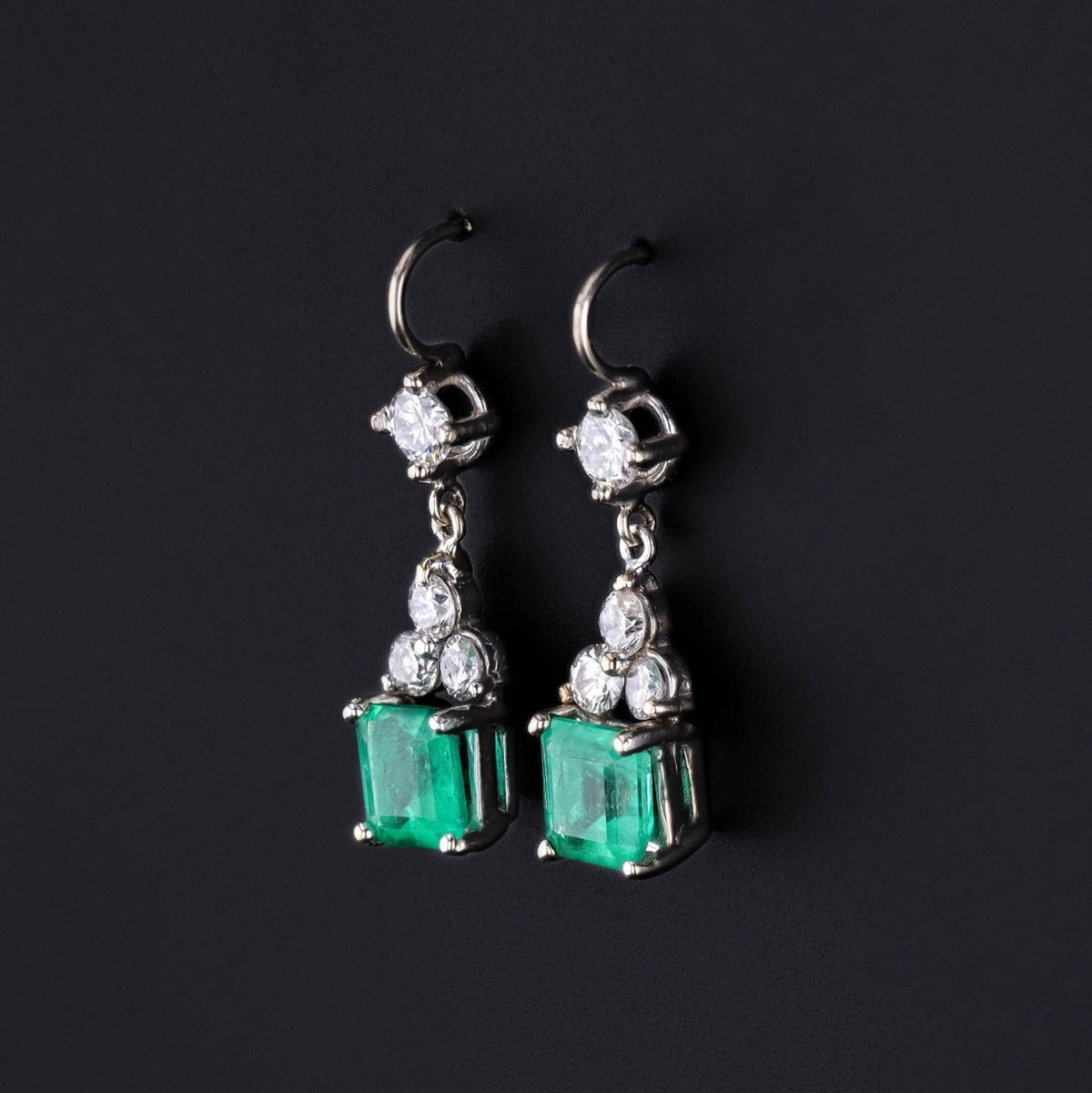 Vintage Emerald and Diamond Earrings of 14k White Gold - Trademark Antiques