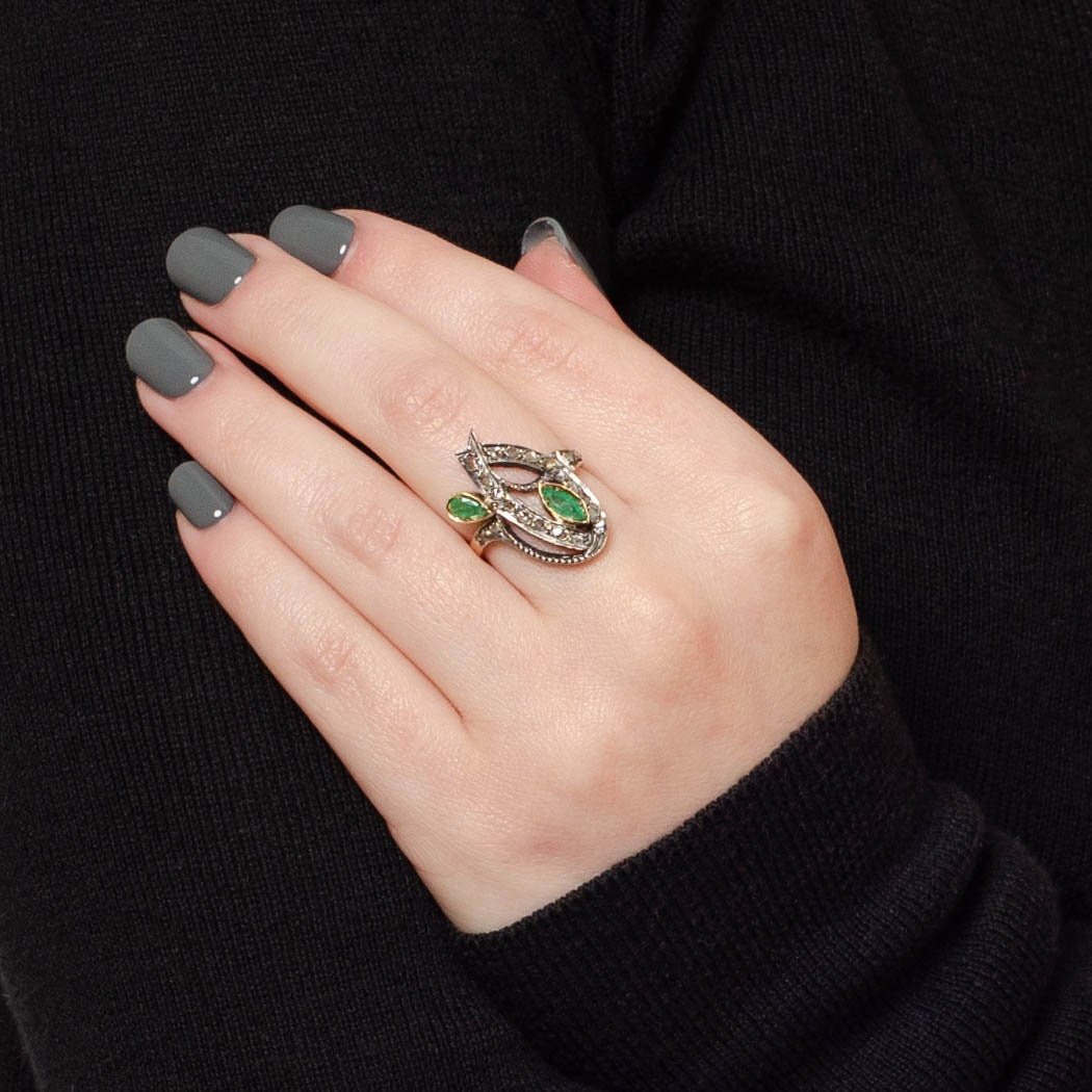 Vintage Emerald and Diamond Flower Ring of Silver Topped 14k Gold - Trademark Antiques