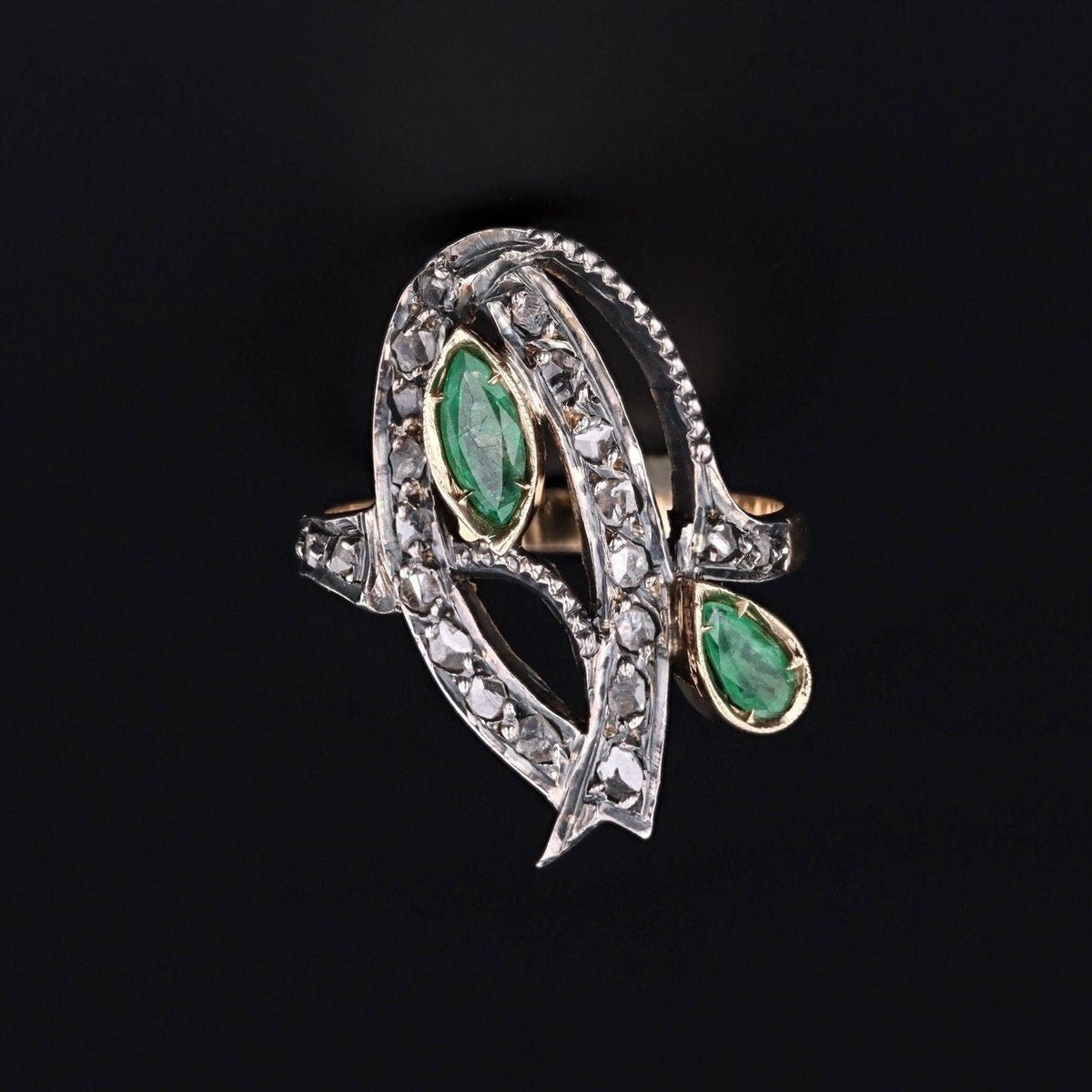Vintage Emerald and Diamond Flower Ring of Silver Topped 14k Gold - Trademark Antiques