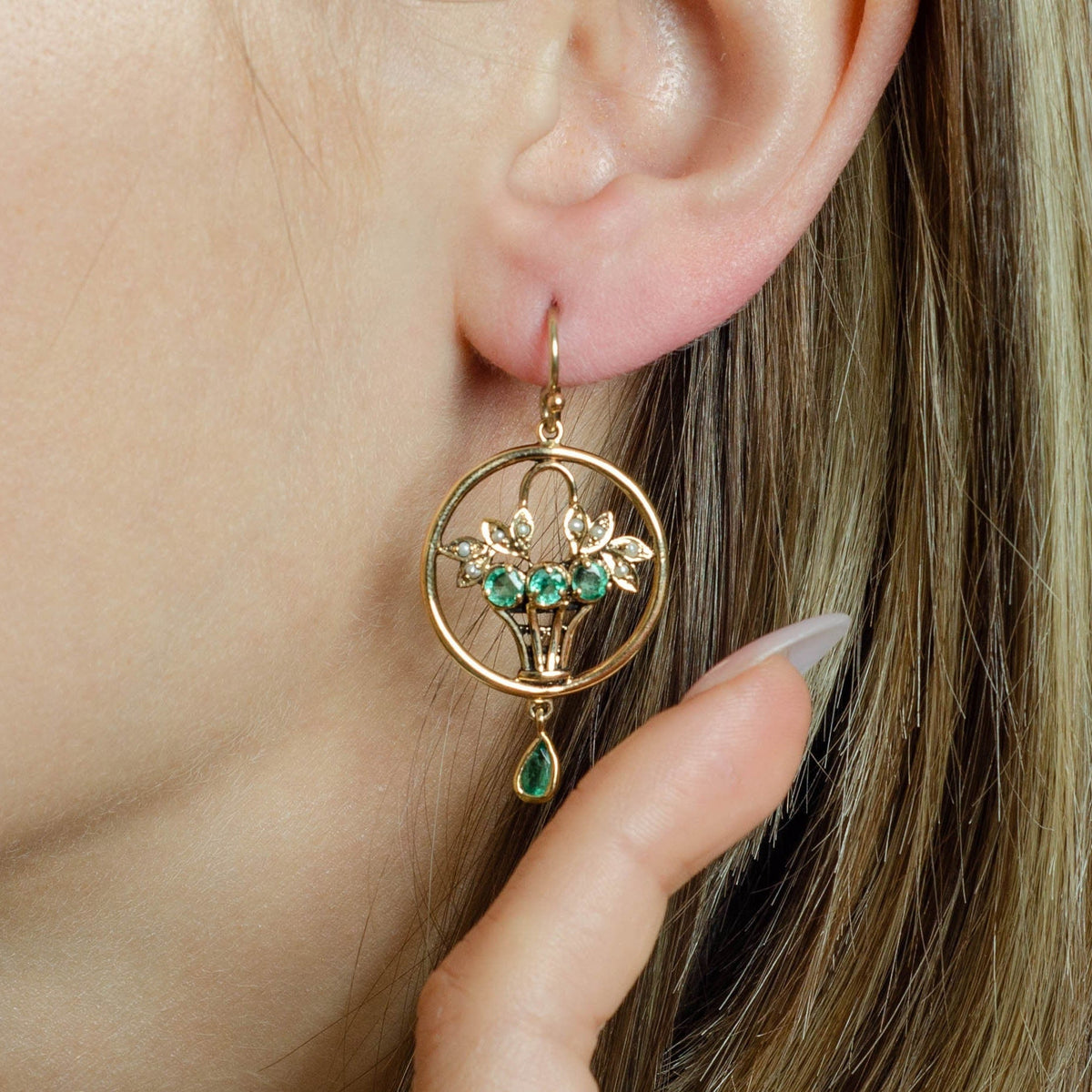 Vintage Emerald and Pearl Giardinetti Earrings 9ct Gold - Trademark Antiques