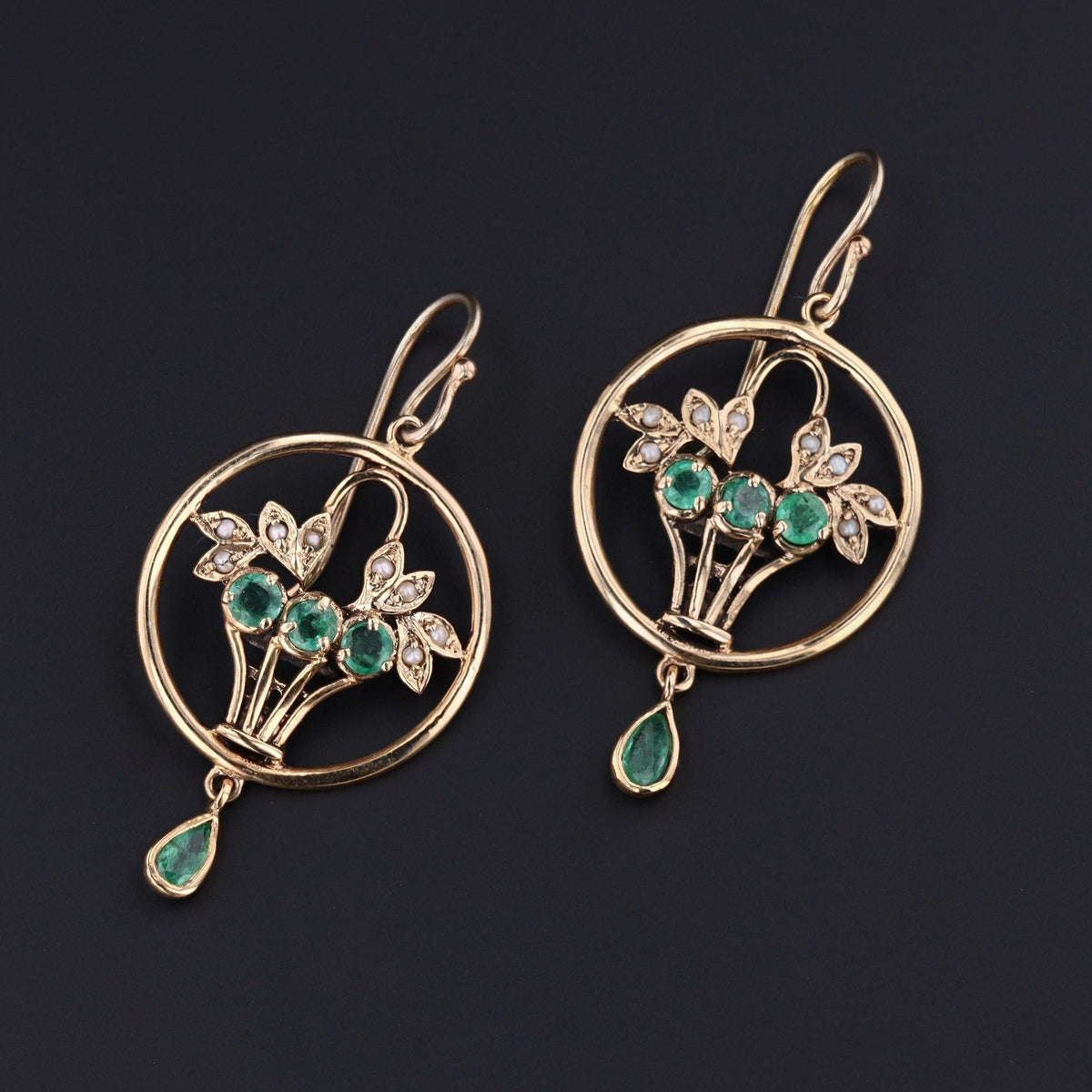 Vintage Emerald and Pearl Giardinetti Earrings 9ct Gold - Trademark Antiques