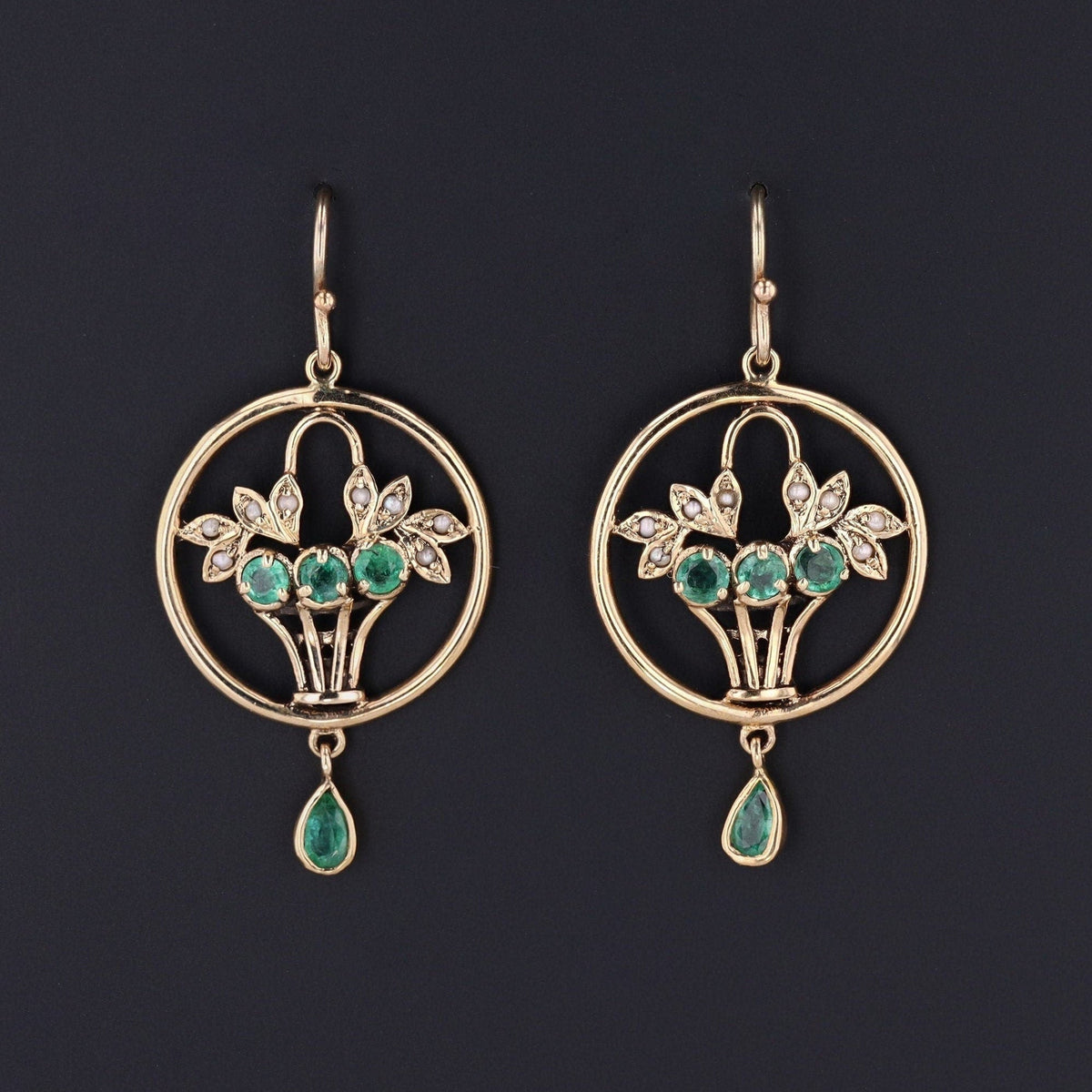 Vintage Emerald and Pearl Giardinetti Earrings 9ct Gold - Trademark Antiques