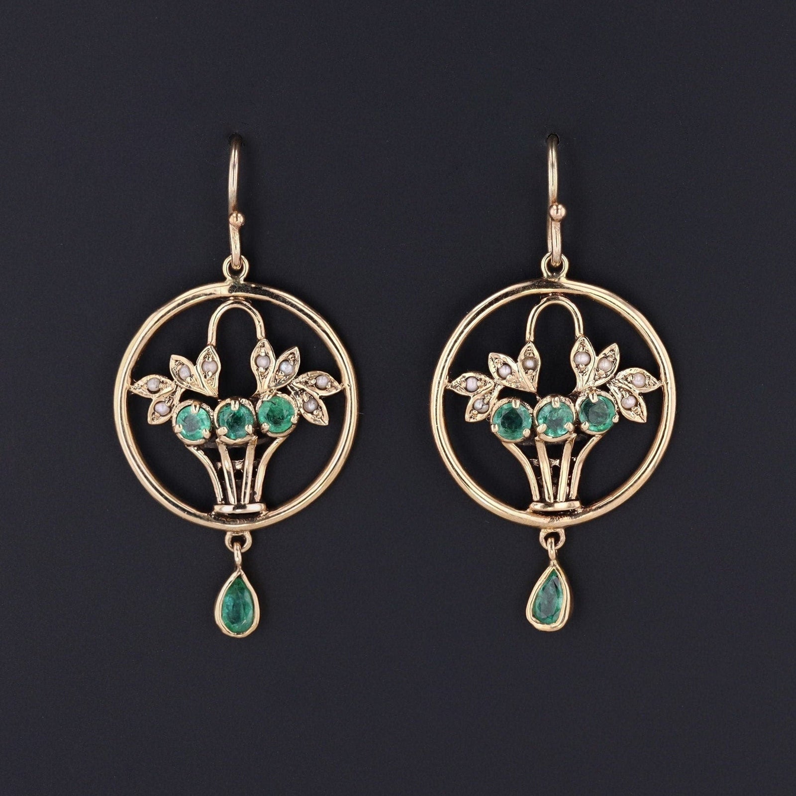 Vintage Emerald and Pearl Giardinetti Earrings 9ct Gold - Trademark Antiques